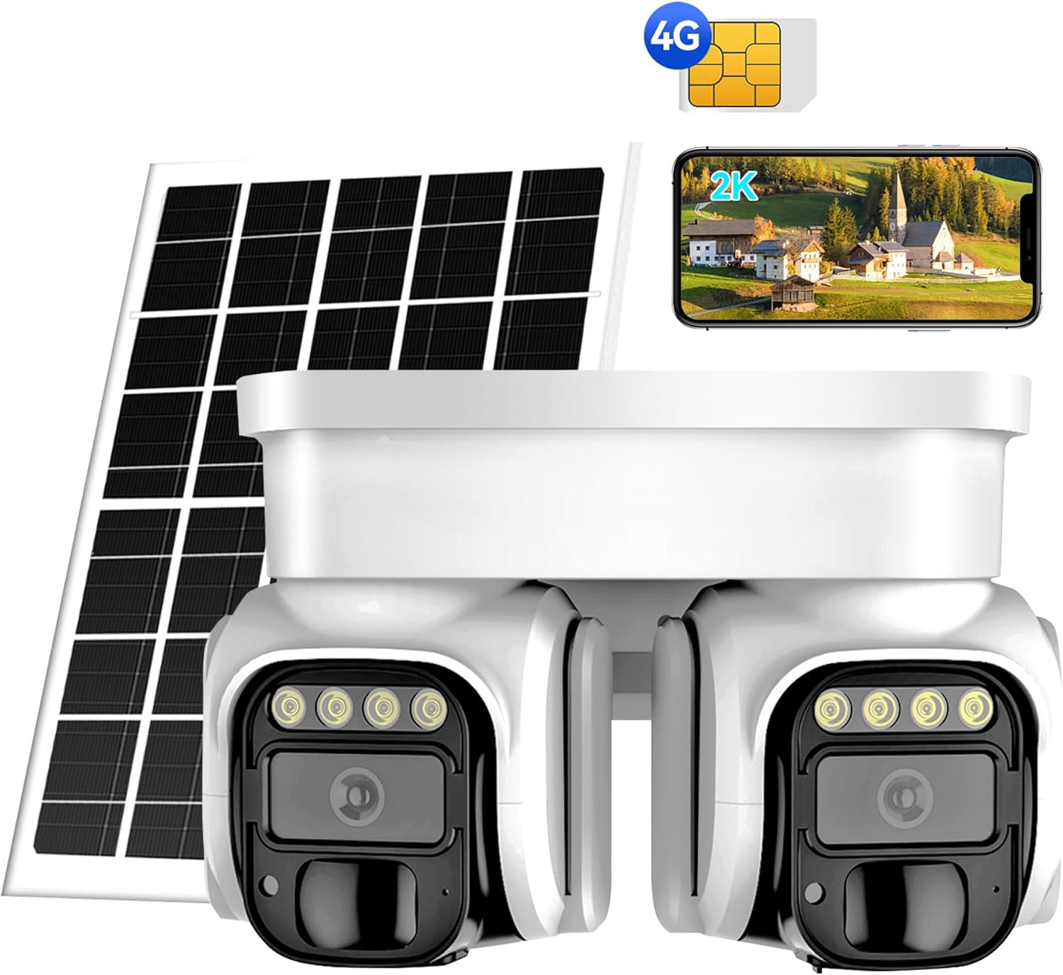 4G LTE Solar Security Camera, Dual Lens 360° View, Wireless No WiFi Required, 2.5K HD, AI Motion Detection, Color Night Vision, IP66 Waterproof, SIM Card Included