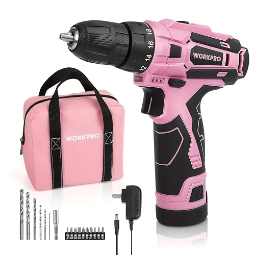 WORKPRO Pink Cordless Drill Driver Set, 12V Electric Screwdriver Driver