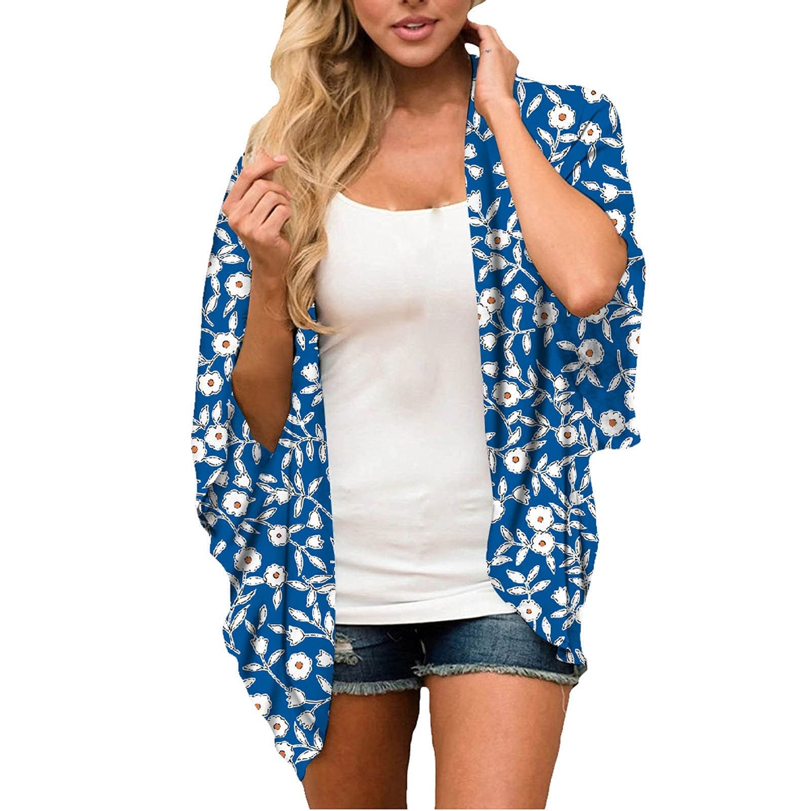 Women's Summer Floral Print Tops Loose Half Sleeve Chiffon Cardigan Blouses Casual Cover Up