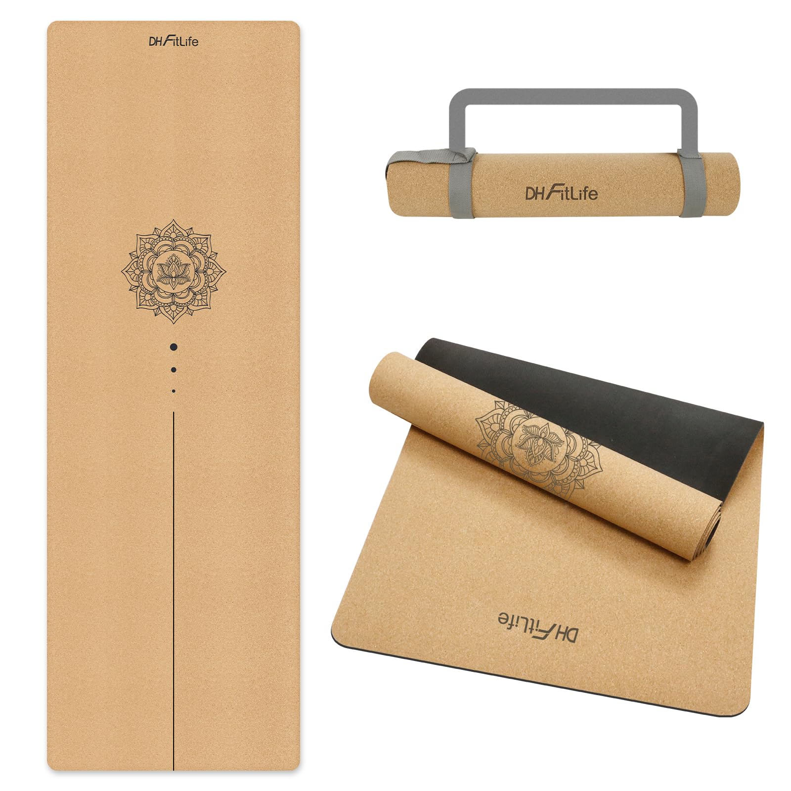DH FitLife Tapis Yoga Liège Antidérapant Caoutchouc Naturel Pilates Fit | Sangle Transport｜Yoga Pilates｜Tapis Yoga Antidérapant｜Liège Naturel｜Caoutchouc Naturel｜Facile à Nettoyer