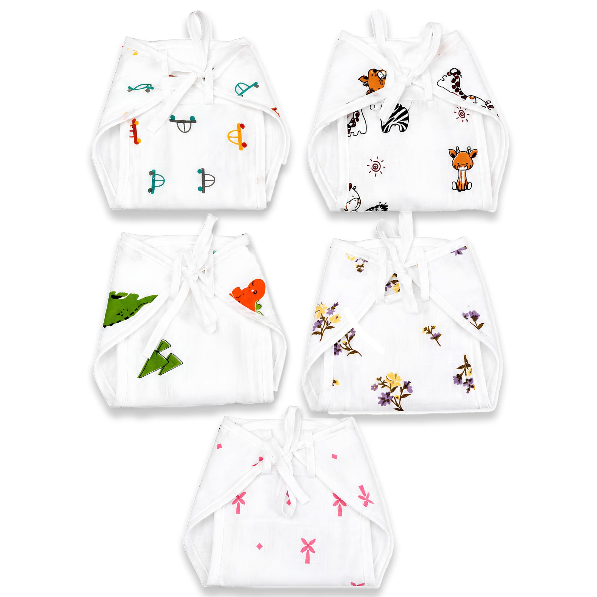 LITTLEPEACH BASIC Muslin Langot for Newborn Baby | 3-Layer Soft & Breathable Cotton Nappy | Adjustable Tie-On Diaper | Azo-Free Dyes | Nappy For New Born Baby 0 to 6 months | Pack of 5-image-23