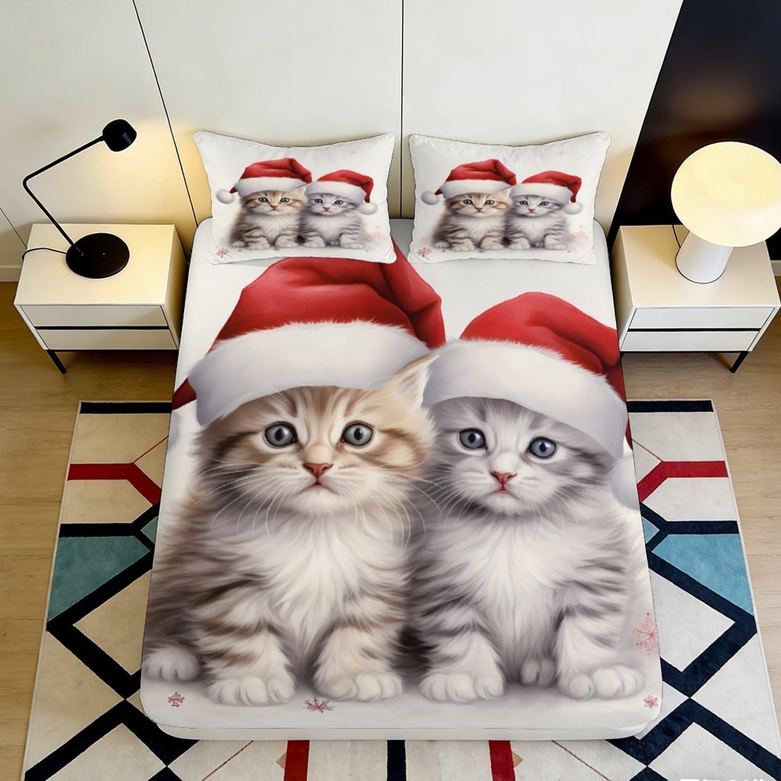 3D Printed Christmas Kitten Santa Fitted Sheet Microfiber Soft Anti-Slip Bed Cover for Bedroom Guest Room Decor 90x200x25cm