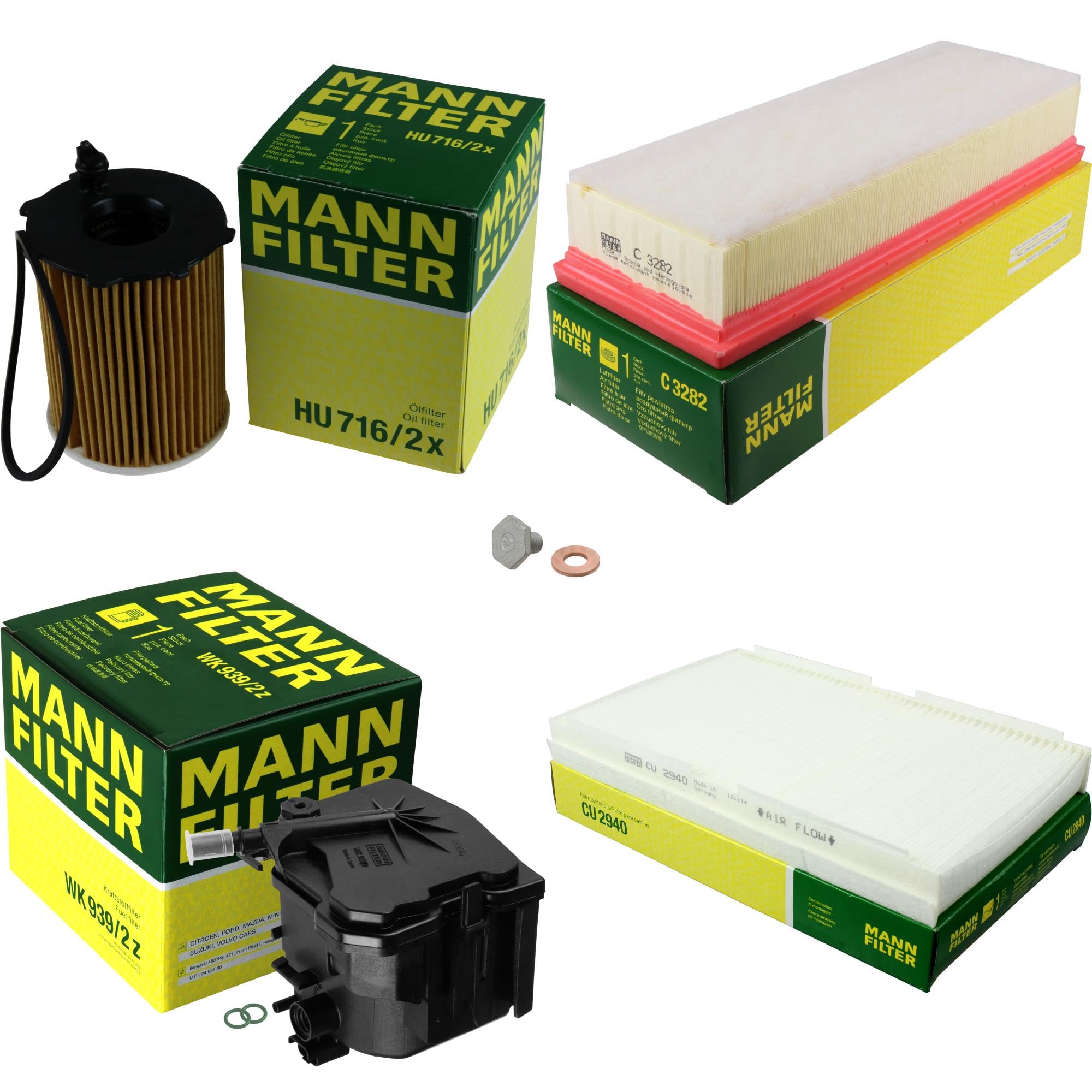 Paquete de inspección Kit de mantenimiento de filtros con filtro de aceite HU 716/2 x, filtro de aire C 3282, filtro de combustible WK 939/2, filtro de habitáculo CU 2940, tornillo de cierre