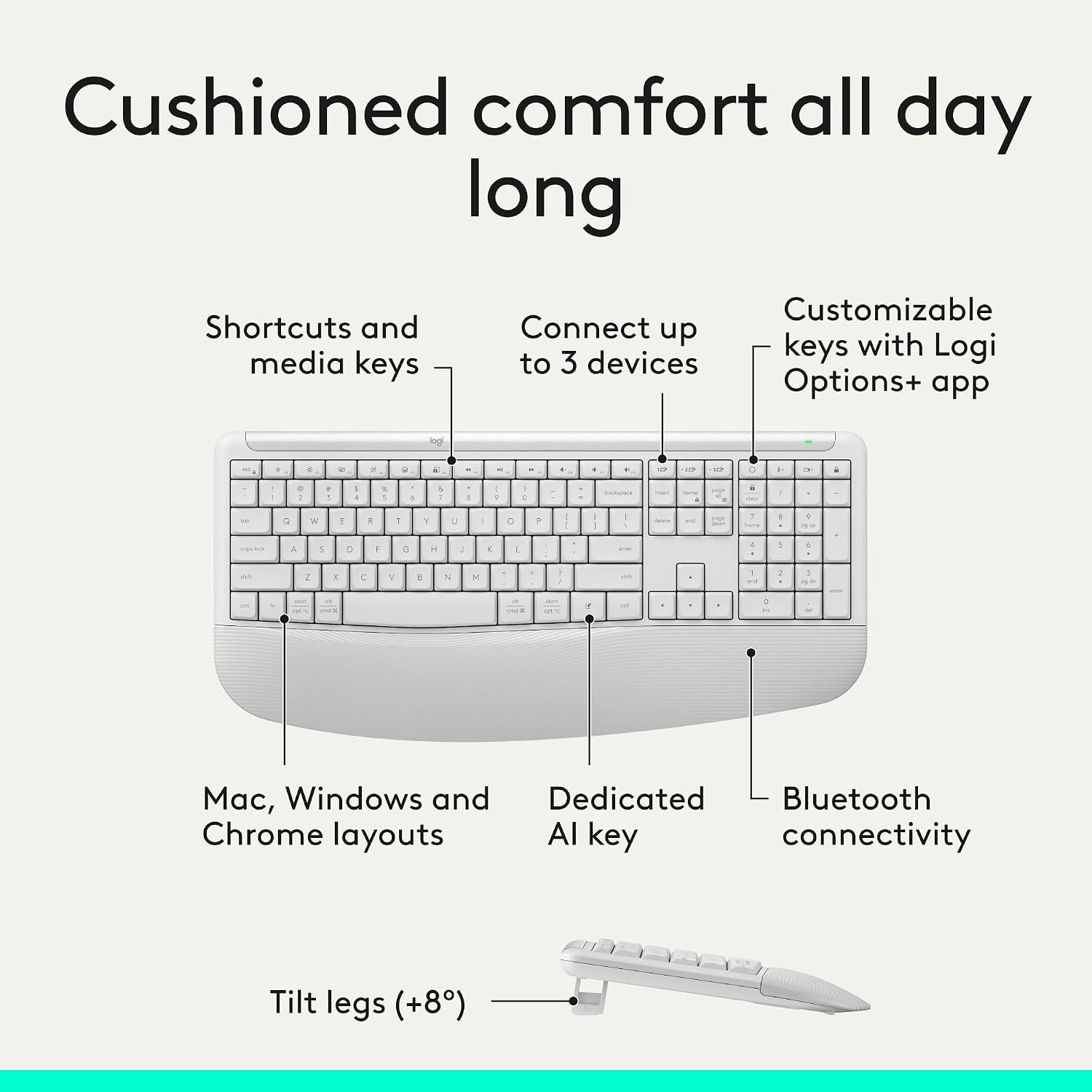 Logitech Signature Comfort Plus Combo MK880 Wireless Keyboard and Mouse Combo, Full-Size Comfort Keyboard with Palm Rest, Silent Clicks, Bluetooth, for Windows and macOS - Off White