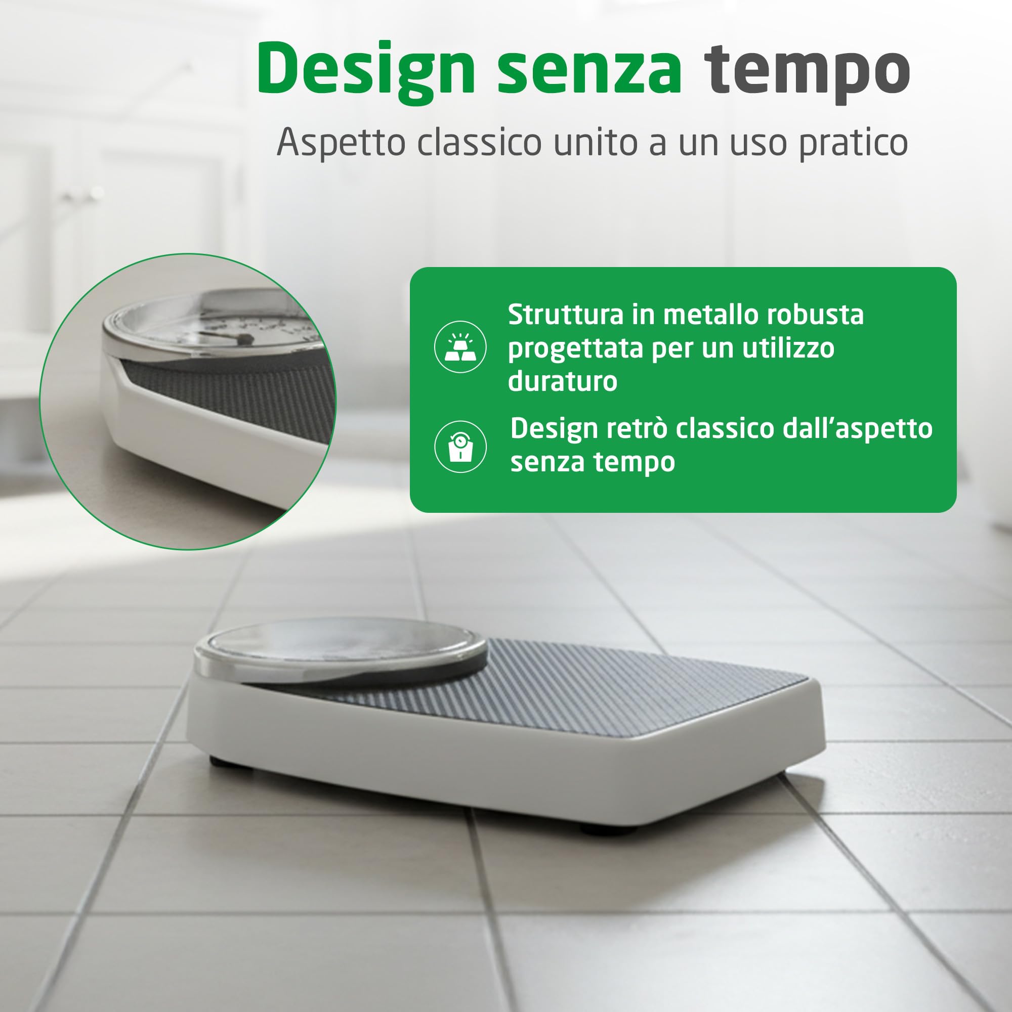 Medisana PSD Bilancia Personale Meccanica Fino a 150 kg, Analogica, Scala Retrò in Design Classico e Su Larga Scala in un Imballaggio Privo di Frustrazioni e con Copertura in Vetro Rinforzato