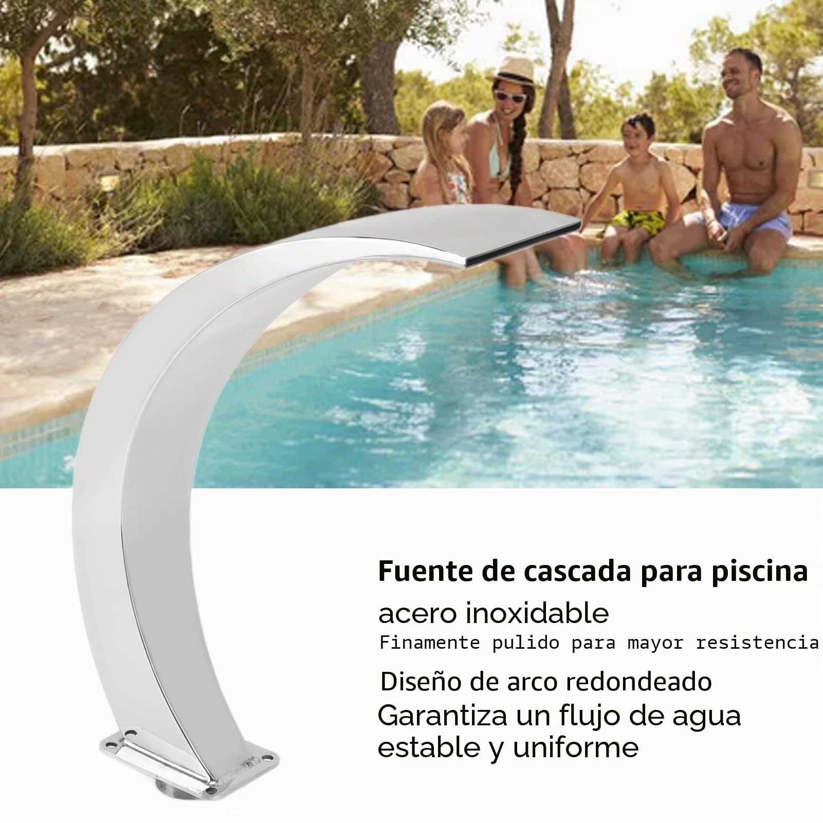 Tbest Fuente de Cascada para Piscina de Acero Inoxidable 304 con Diseño Curvo para Piscinas Al Aire Libre Decoración de Jardín Característica de Rosca Interna de Fácil Instalación