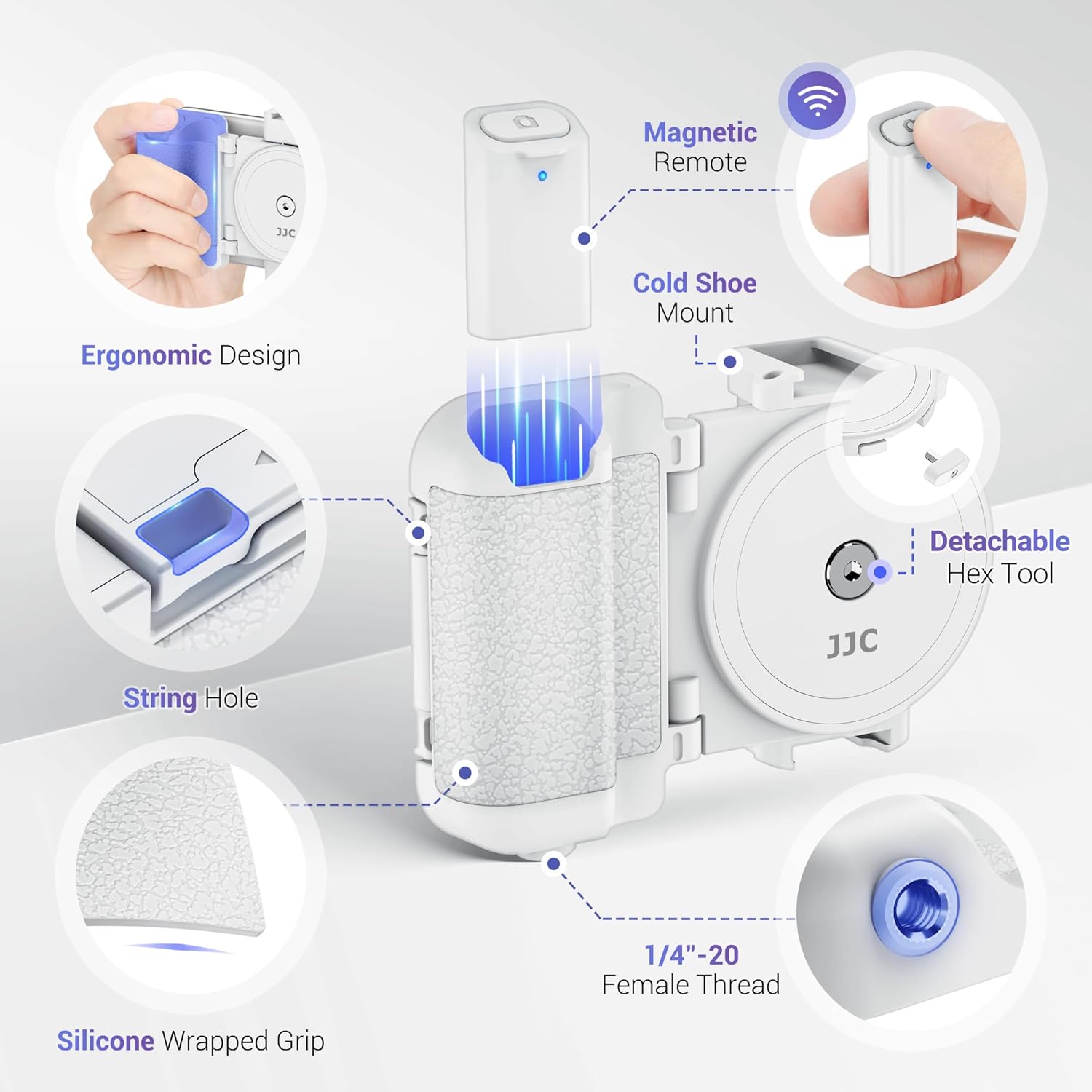 Smartphone Remote Grip Handle with Magnetic Phone Selfie Ring Light, Phone Camera Grip with 2.2-3.5" Adjustable Phone Clamp for iPhone Android Phones