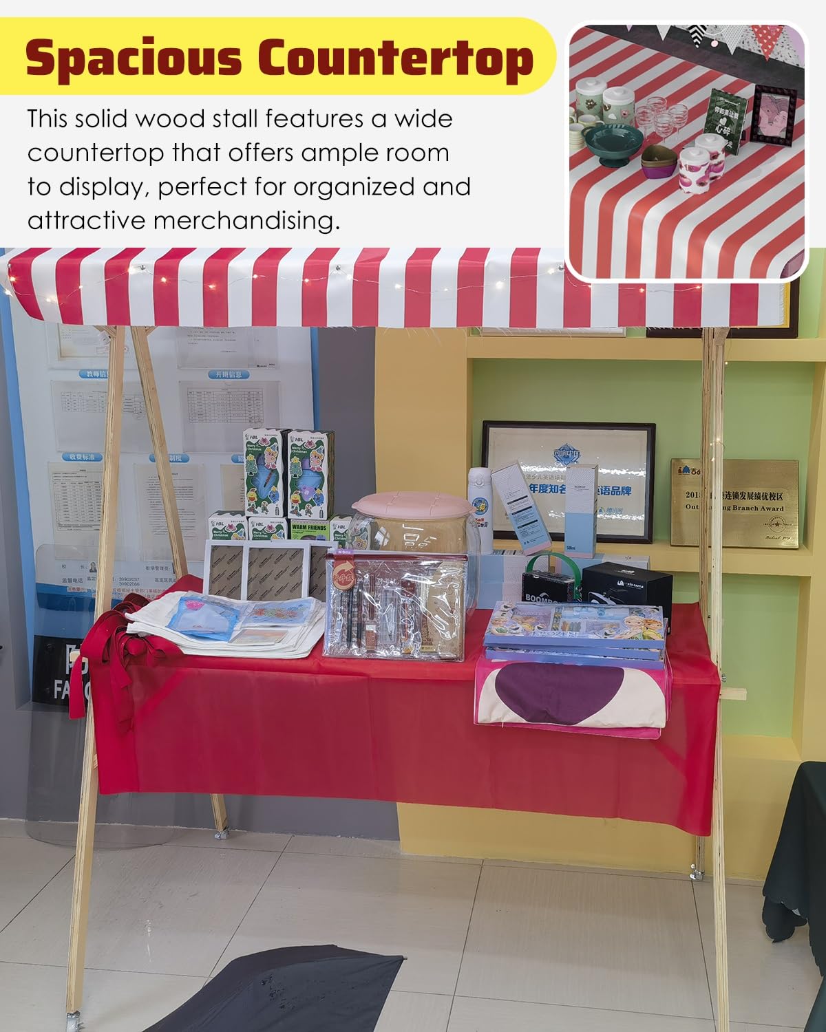 Marktstand Verkaufsstand Faltbarer Imbisswagen mit Rädern für Unternehmen, Süßigkeiten-/Eis-Verkaufsstand, Festivals, Strände, Kioske, Verkaufsstände, Pfahl(Width 150cm(59"))