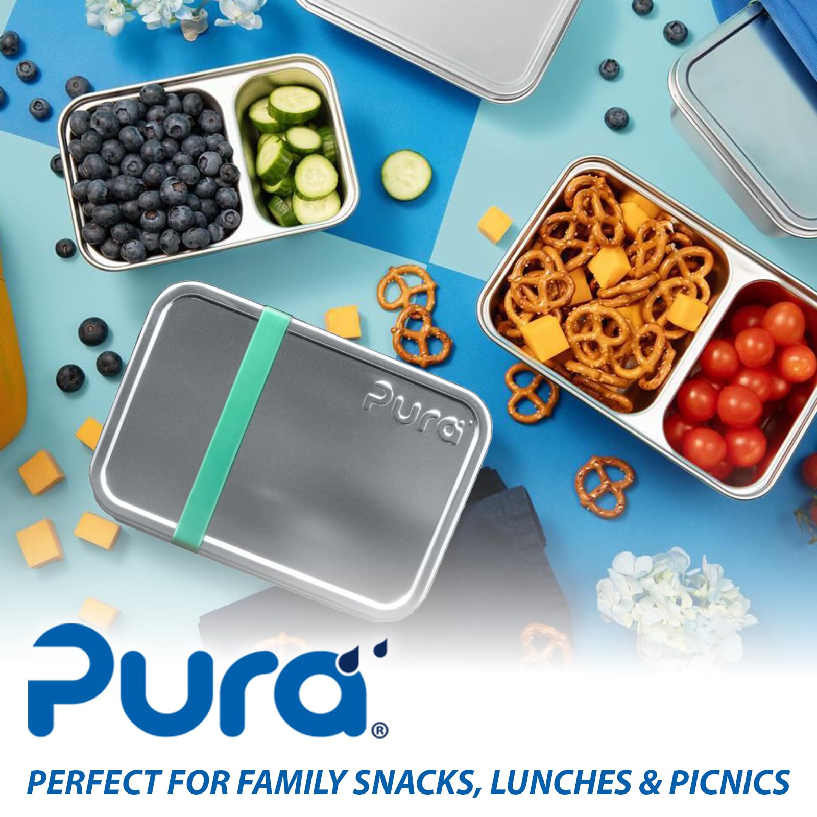 PURA Stainless Steel Lunch Box Replacement Bands | Food Storage Containers with Lids Enclosure | BPA Free & Plastic Free Silicone Spill Proof Lid - Moss & Mint