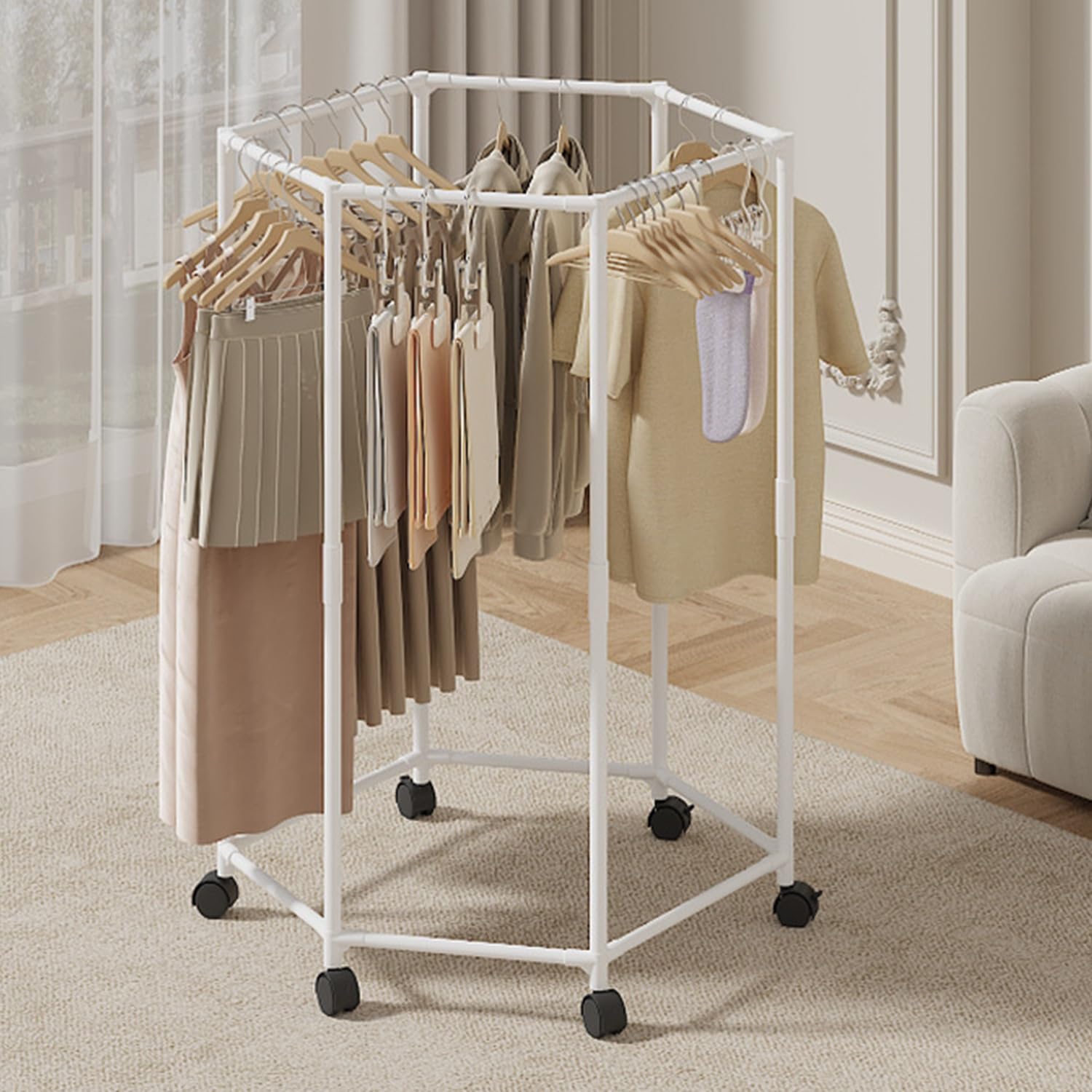 Floor Standing Rotatable Clothing Rack,Hexagonal Clothing Rack with Wheel,Garment Rack,Portable Retail Display Stand for Hanging Clothes Bedrooms Boutiques Commercial Shop（29.5*47.2IN）(White)