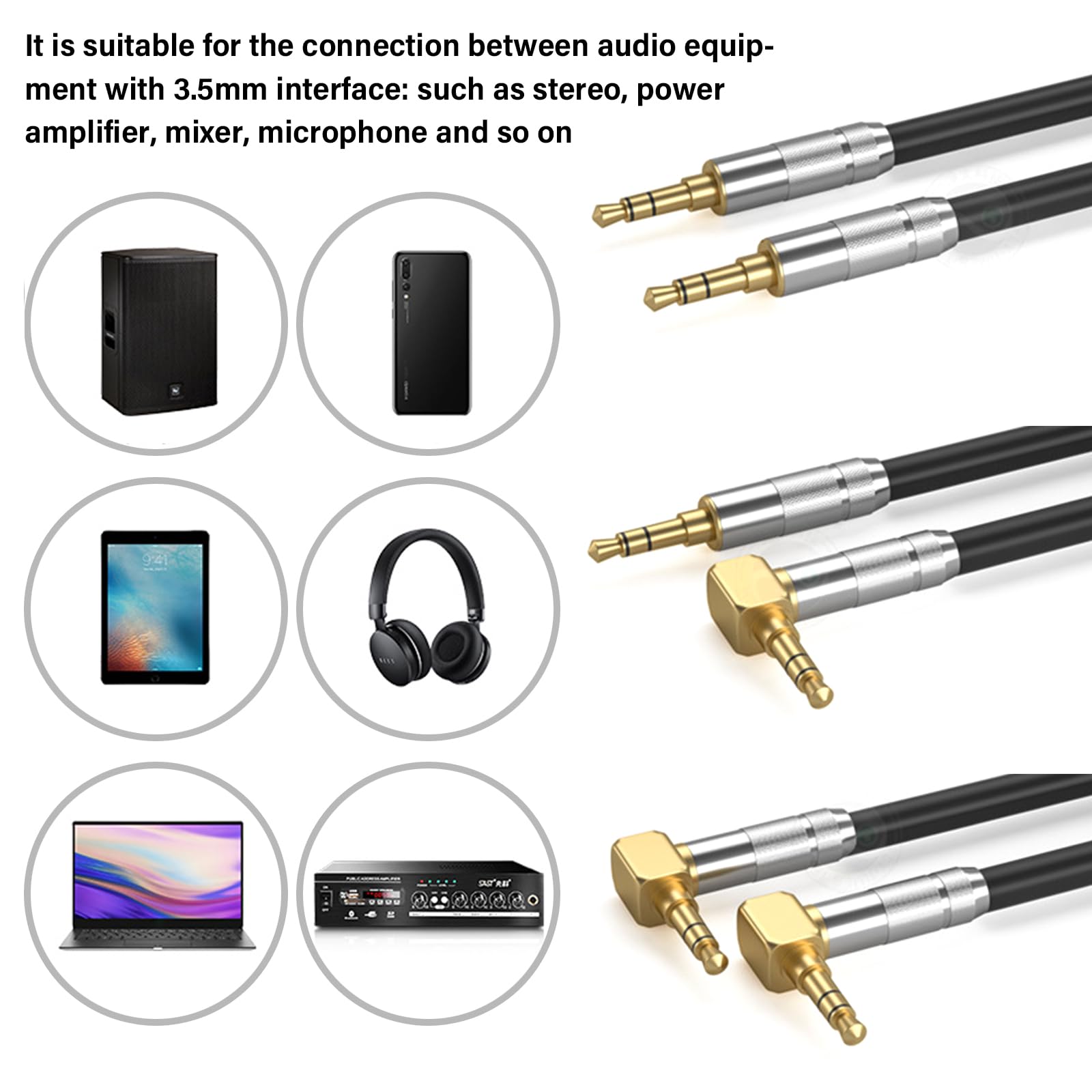 Câble audio stéréo mâle vers mâle 3,5 mm avec connecteurs coudés en option pour casque et haut-parleur