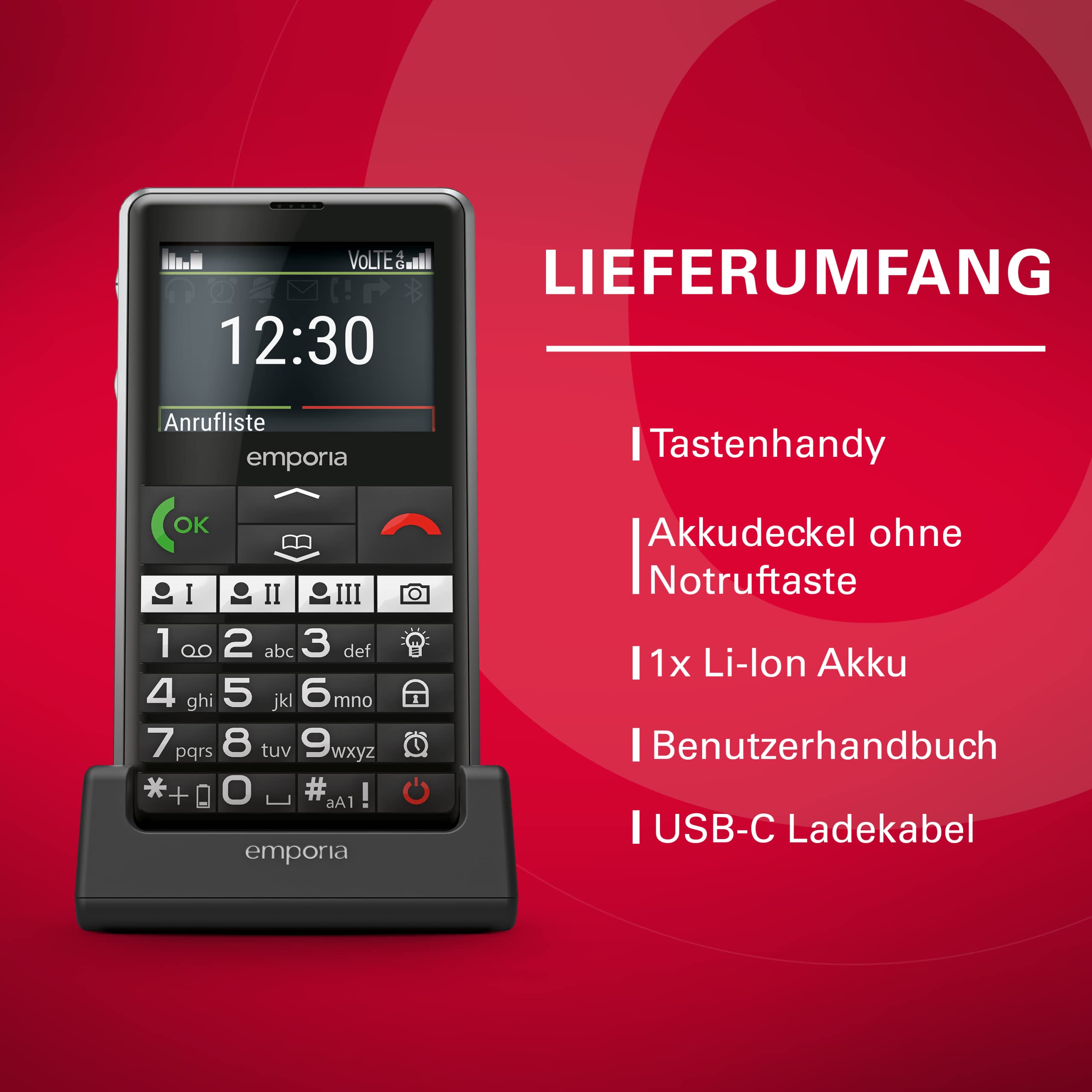 Emporia emporiaPURE-LTE, Seniorenhandy 4G, Tastenhandy ohne Vertrag, Mobiltelefon mit Notruftaste, Schwarz