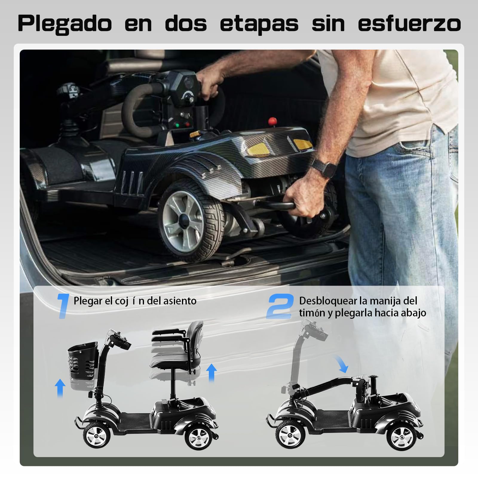 Z02 Scooters para discapacitados plegable para mayores, autonomía de 20 km, motor de 350 W, diseño estable antivuelco, asiento giratorio de 360°, luces LED, fácil de usar, 5 años soporte - Negro