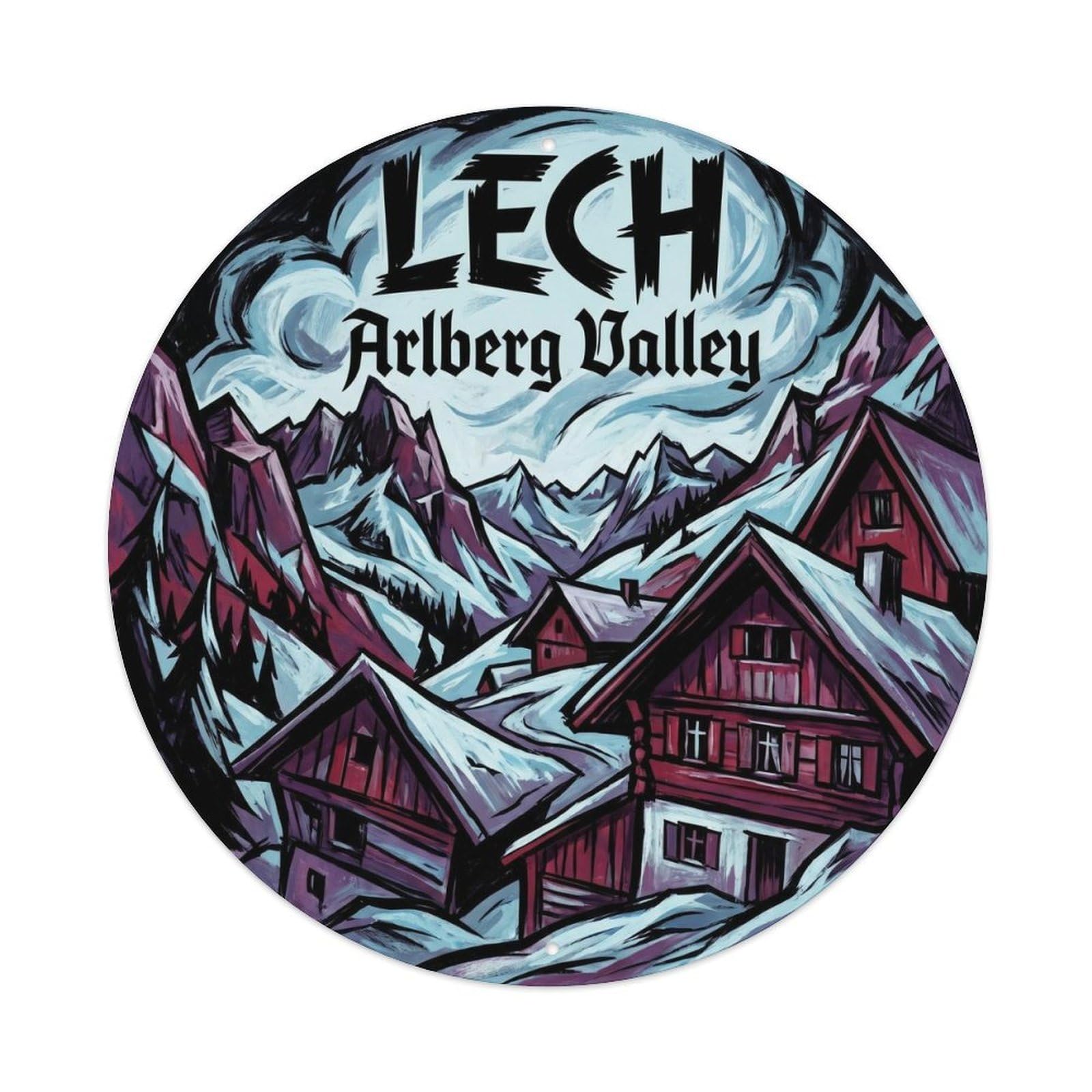Lech Arlberg Valley Austria Vintage Alpine Resort Travel Metal Tin Sign Plaque Wall Decor for Cafe, Man Cave, Club Bar, Office, Home Garden Round Metal Poster 8x8Inch