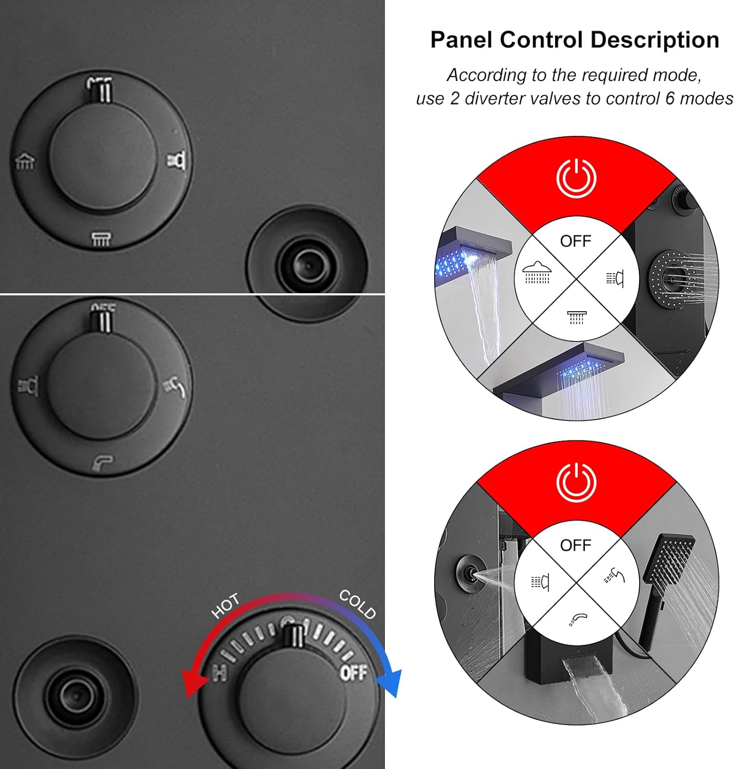 Shower Panel LED Rainfall Waterfall Shower Head Light Bathroom Shower Panel Tower System Rain Massage 6-Functions with Handheld Shower Tub Spout Body Jet Temperature Display Wall Mount