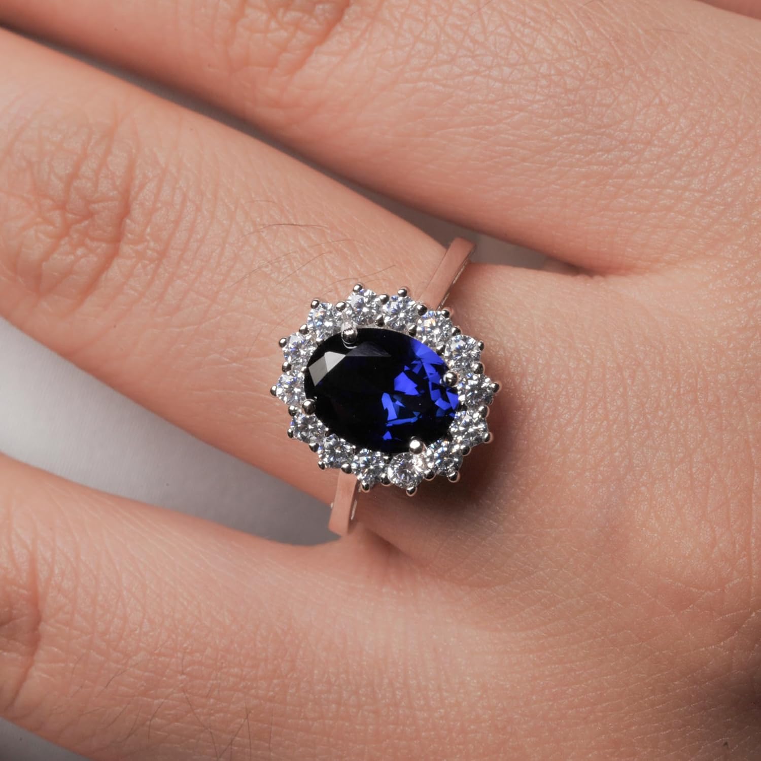 Princess Diana Halo Ring For Women with Created Sapphire in 925 Sterling Silver, Blue Birthstone 14k White Gold Plated Promise Engagement Ring For Her, Anniversary Jewelry Set For Women