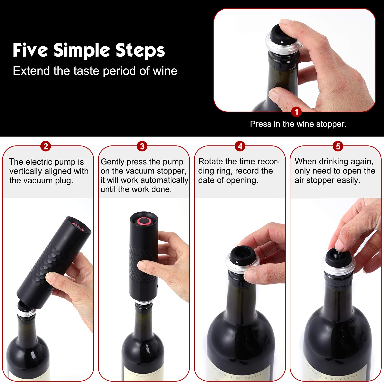 Kit de pompe à vin électrique avec 4 bouchons sous vide | Pompe à vin automatique, pour vider l'air et sceller les bouteilles, maintient le vin frais, rechargeable par USB-C, noir
