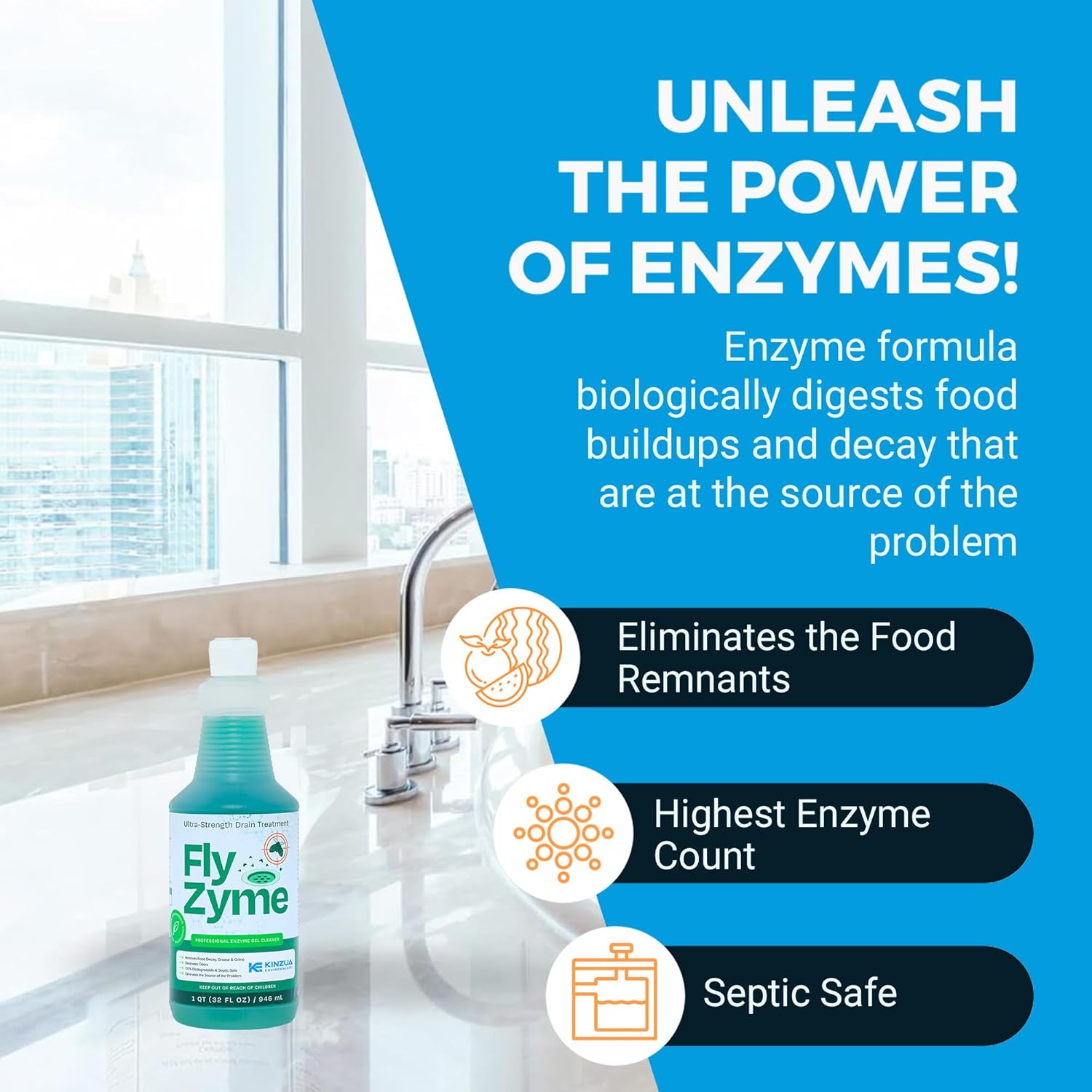 Kinzua Environmental Fly-Zyme, Highly Concentrated Enzyme Drain Cleaner for Pipes, Drain Gel for Fruit Flies, Organic Waste Degrader & Odor Neutralizer, 32 fl oz - Image 5