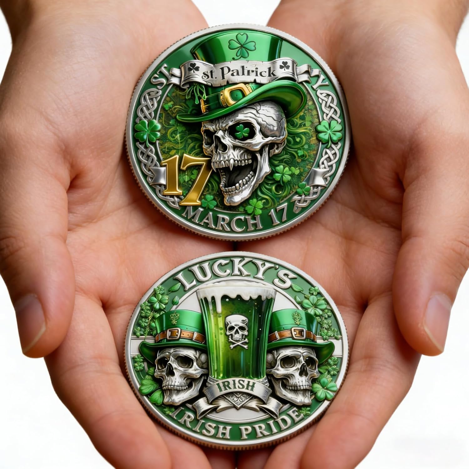 St. Patrick’s Day Irish Pride Commemorative Coin, St. Patrick’s Day Challenge Coin with Skull Shamrock, Rebellious Irish Spirit Green Lucky Coins, Home Decor Gift for Men Women (2pc)