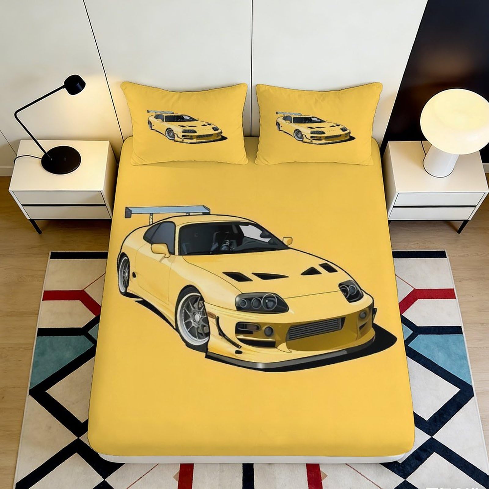 3D Printed Racing Car Fitted Sheet Microfiber Deep Pocket Home Bedding Racing Car Mattress Fitted Cover Non-Slip Elastic Hem Washable 200x200x25cm 90x200x25cm