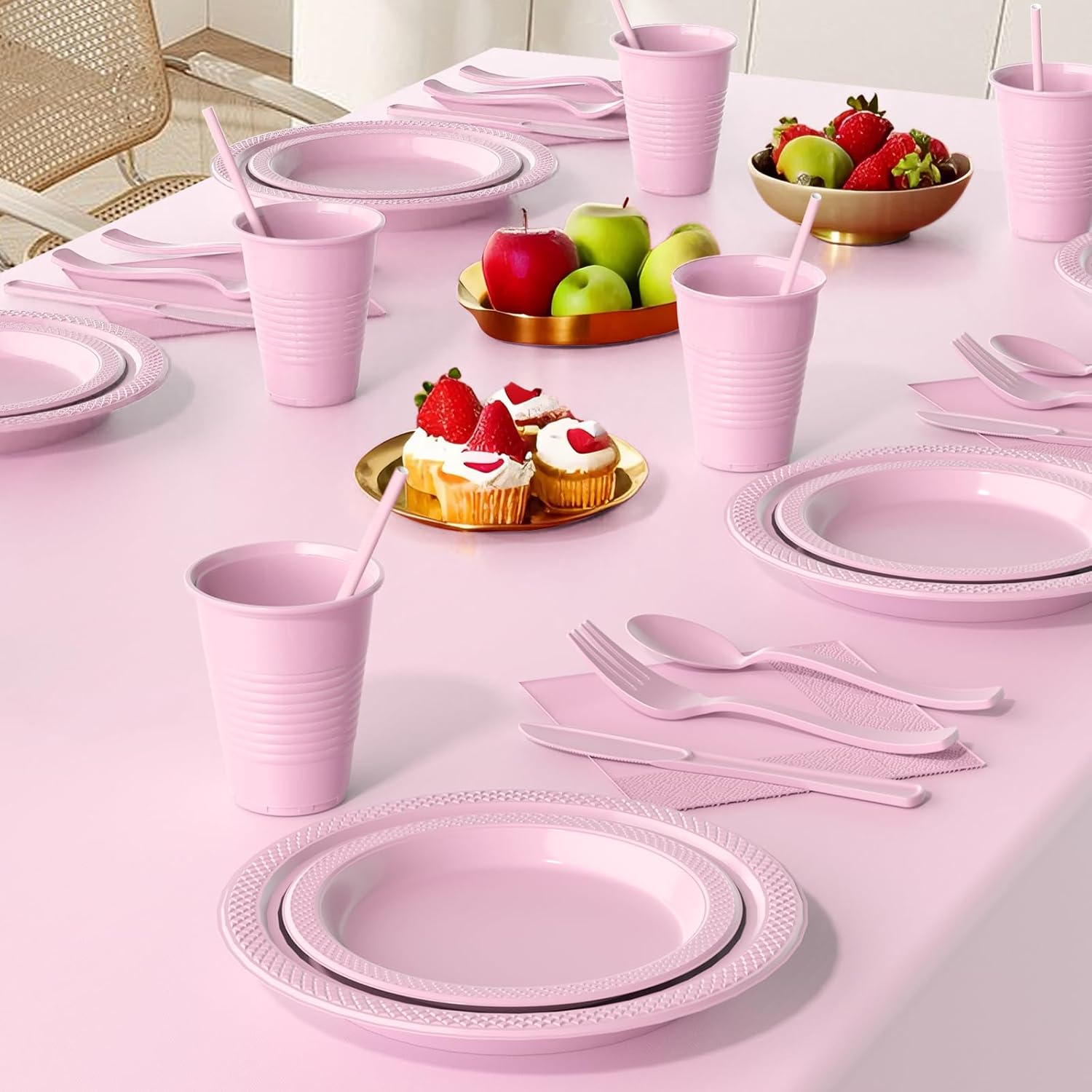 808 Pieces Disposable Plastic Dinnerware Set, Plastic Cutlery Set Includes 100 Of Each Dinner Plates|Dessert Plates|Cups|Napkins|Straws|Spoons, Forks & Knives (Pink, 808PCS（100 Guests）)
