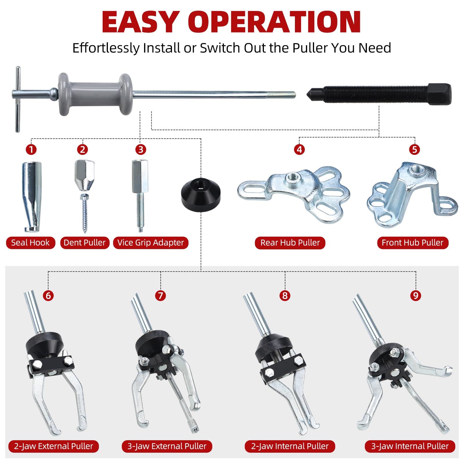 FreeTec 9-in-1 Radlager Abzieher Radnabenabzieher Gleithammer Satz, 3 Backen Lager Innenlager Auszieher Innenabzieher, Vorder-/Hinterradnabe Abzieher Gleithammer Dentzieher für Autoreparatur (Rot)
