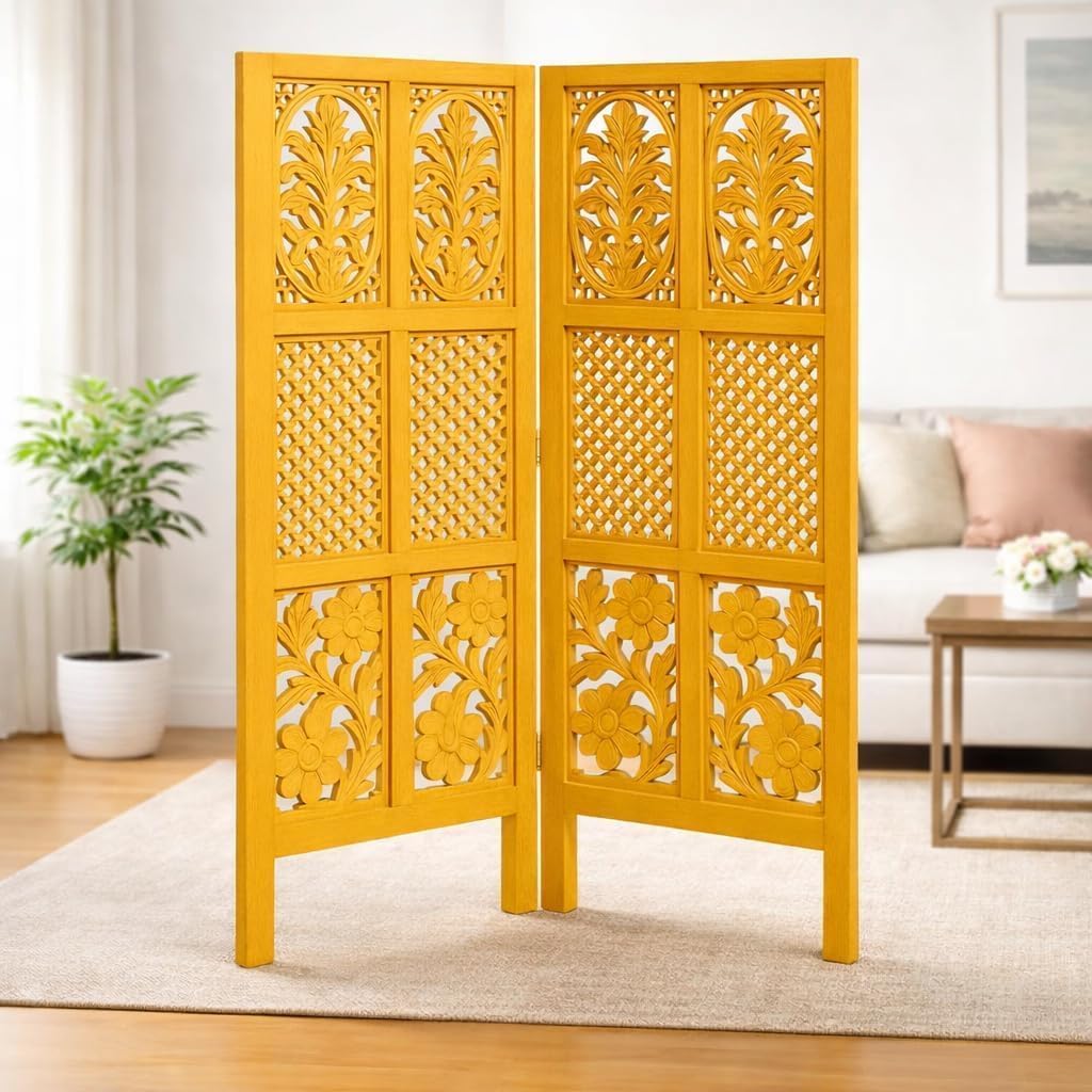 Wooden Room Divider Partition | Privacy Screen Separator for Living Room Bedroom Hall | Foldable Floor Screen | Home & Office Décor Partition (Yellow, 2 Panel 4 feet Mix)-picture-25