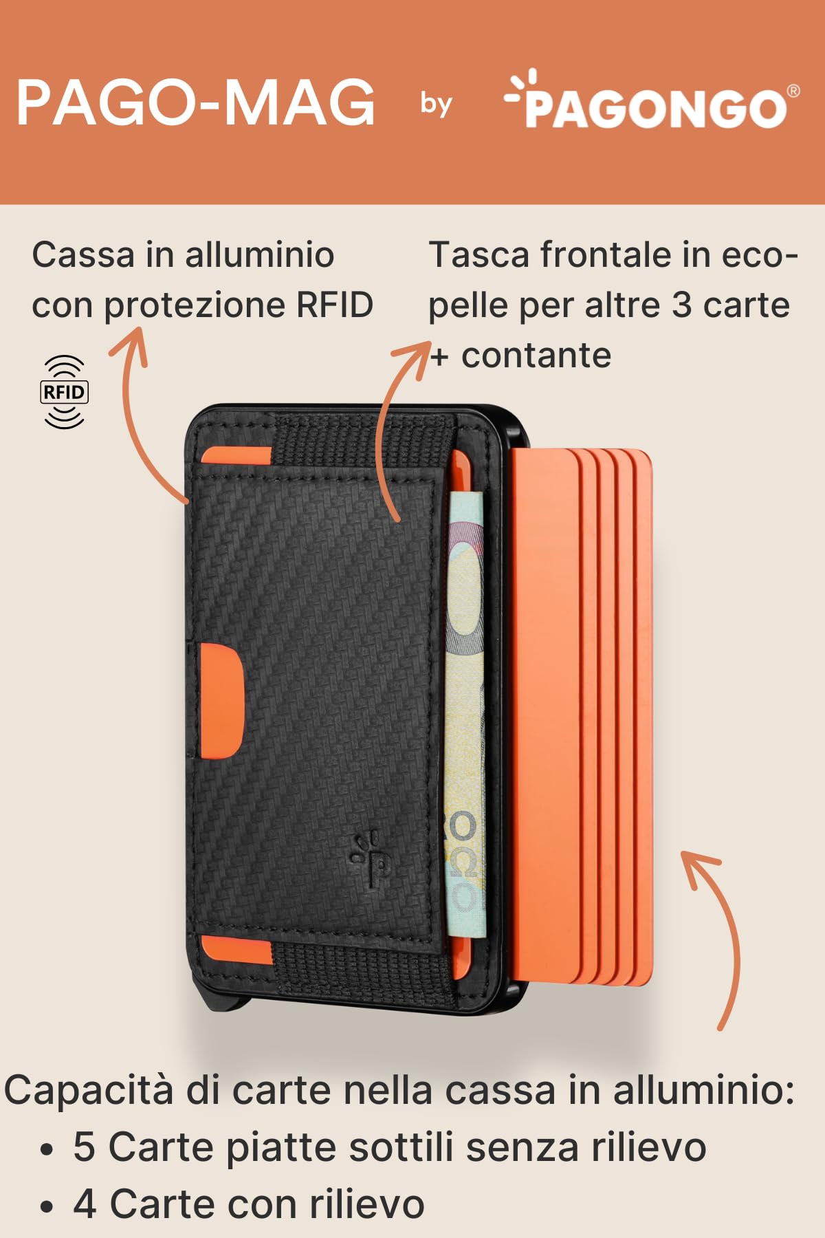 PAGONGO Portafoglio A Scatto Magsafe Apple, per 7 Carte, Wallet, Accessori Magsafe, Portacarte (Con Tasca in Pelle, e Anello Magnetico) - Fibra di Carbonio