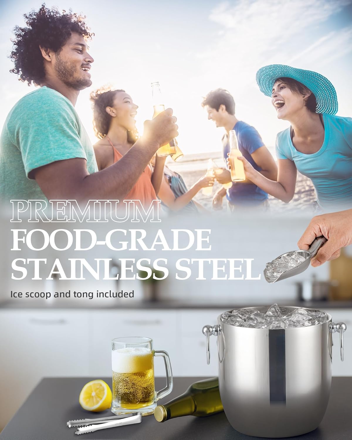 Insulated Ice Bucket, 3L Double Wall Stainless Steel Ice Bucket with Tongs,Lid, Scoop and Strainer, Ice Buckets for Parties,Cocktail Bars, Chilling Beer, Champagne, Wine Bottles - Image 6