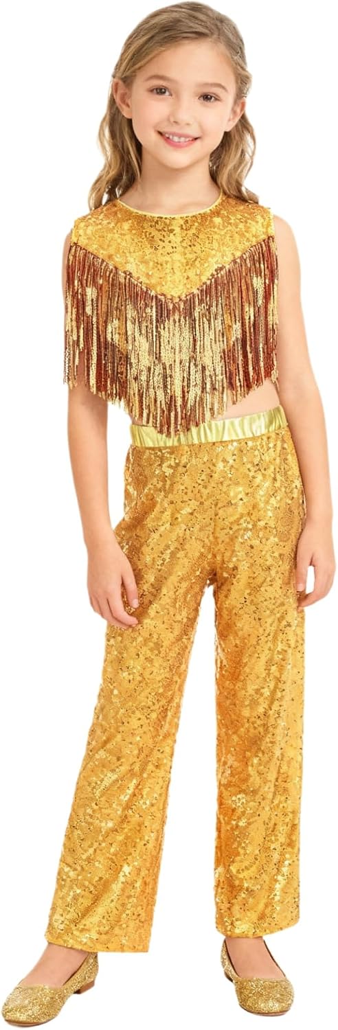 Girls Kids Metallic Sequins Retro Disco Dance Outfits Sleeveless Tassels Crop Tank Tops with Loose Pants