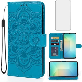 Case for Galaxy A06, Samsung A06 SM-A065F Wallet Case with Tempered Glass Screen Protector, Mandala Leather Flip Credit Card Holder Stand Phone Cover Cases for Samsung Galaxy A06 Blue