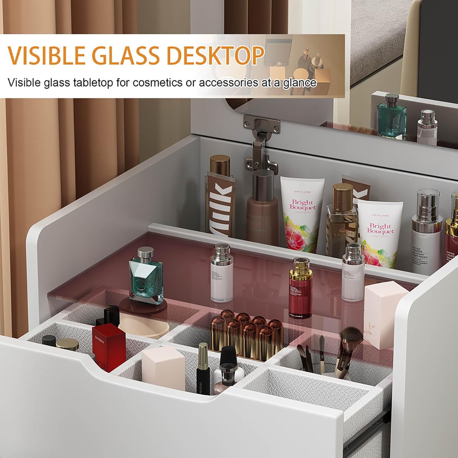 Modern 3-in-1 Vanity Desk with Lighted Flip-up Mirror, Small Vanity Set with 3 Drawers & Storage Stool - Wood Makeup Desk for Bedroom, Multifunction Makeup Desk with Glass Desktop, White