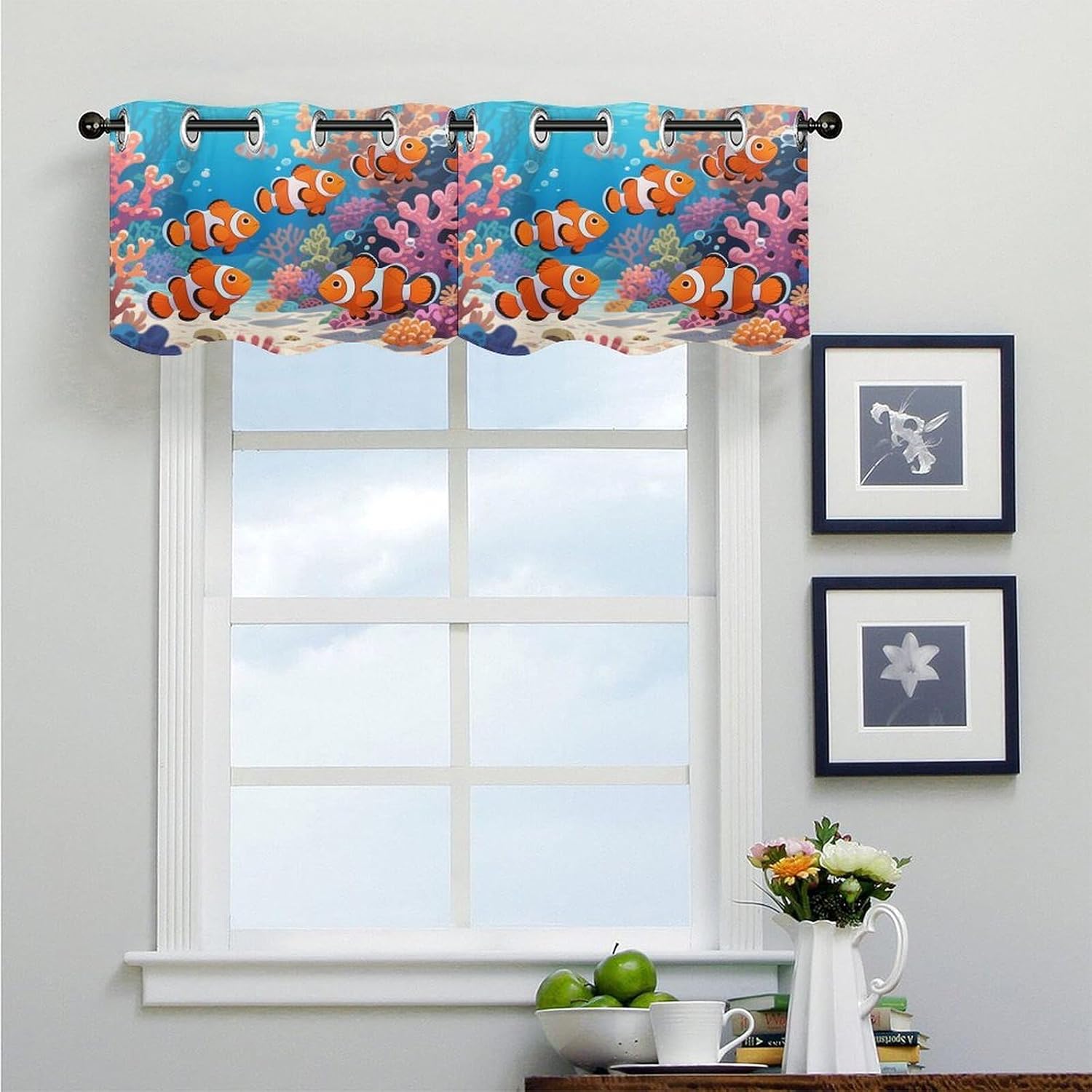 Clownfish in The Coral Reefs Curtain 2 Panels, Polyester Fiber, Blackout Insulated Window Curtain, Curtain Valance for Kitchen Dining Room Living Room Cafe Small Window 52 * 18.1 Inches