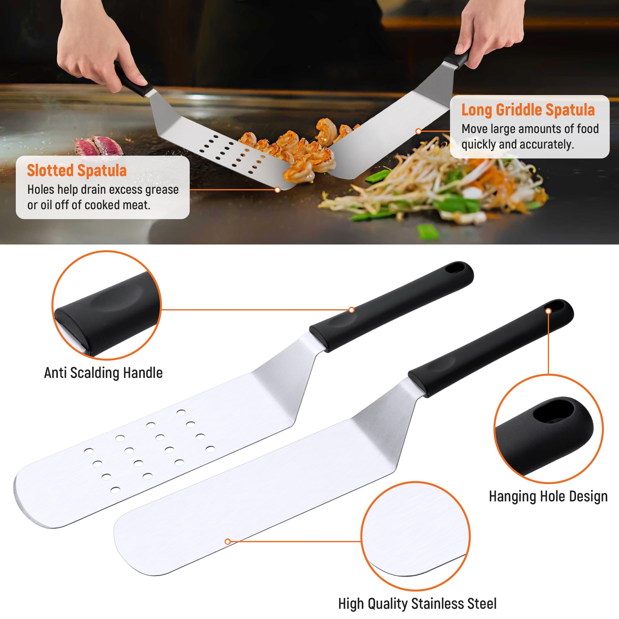 Kit de accesorios para plancha, juego de 20 espátulas de metal de acero inoxidable, juego de utensilios de espátula para barbacoa con bolsa de almacenamiento, juego de espátulas profesionales para