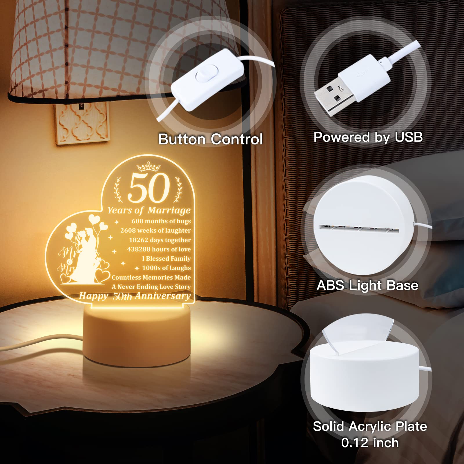 Luce Notturna 50° Anniversario Matrimonio | Design Acrilico Con Data | Regalo Romantico - Foto 8