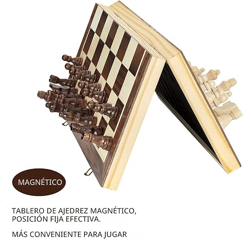 Miniatura 4 de AMEROUS Juego de ajedrez magnético de madera de 15 pulgadas, 2 reinas extra, tablero plegable, ranuras de almacenamiento de piezas, juego de ajedrez