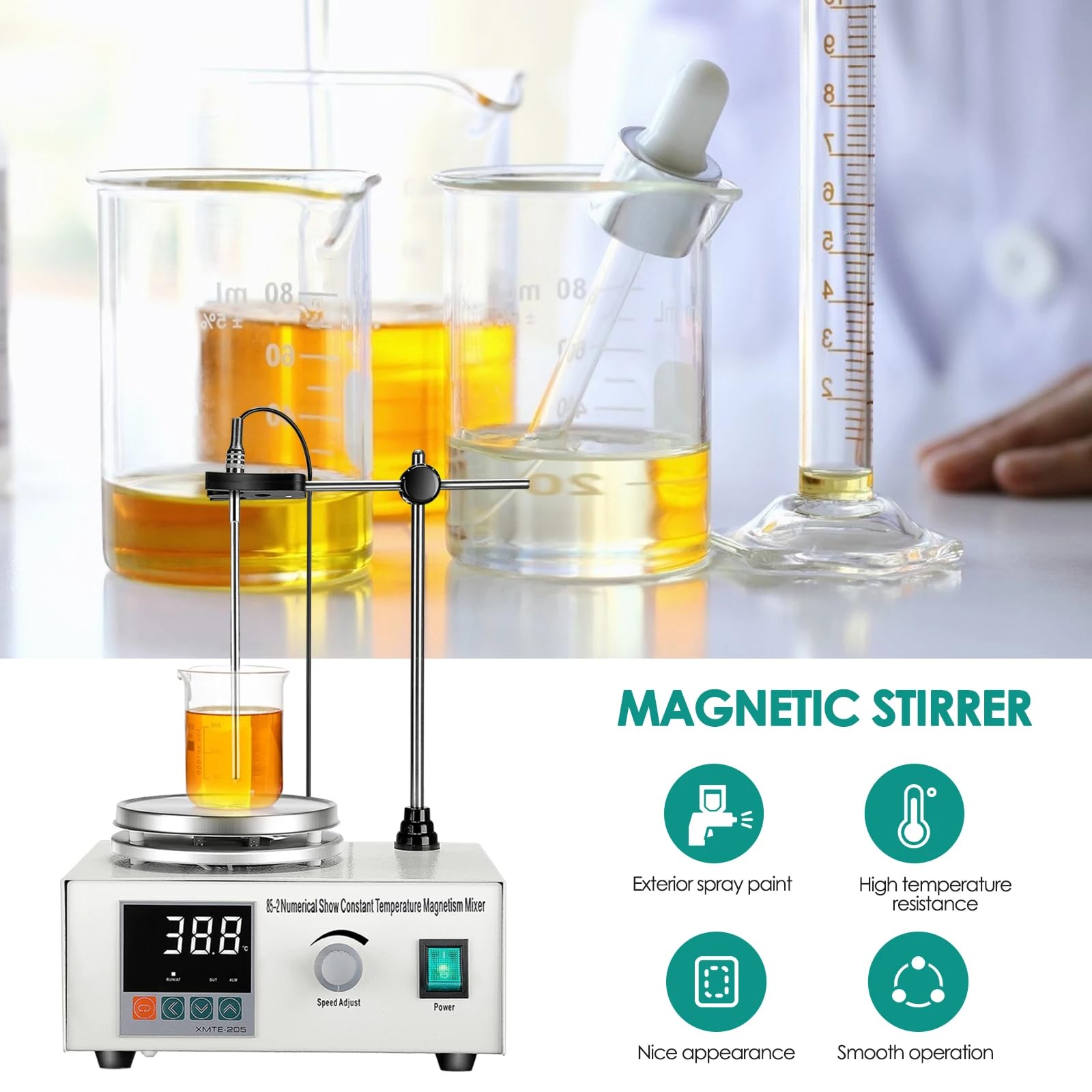 Agitador magnético calefactor de 1 litro con pantalla digital de temperatura y ajuste de velocidad, mezclador agitador magnético de 0 a 2000 RPM, equipo de laboratorio de química