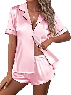 Womens Silk Satin Pajamas Set Short Sleeve Sleepwear Button Down Loungewear 2 Piece Pjs Shorts Set S-XXL