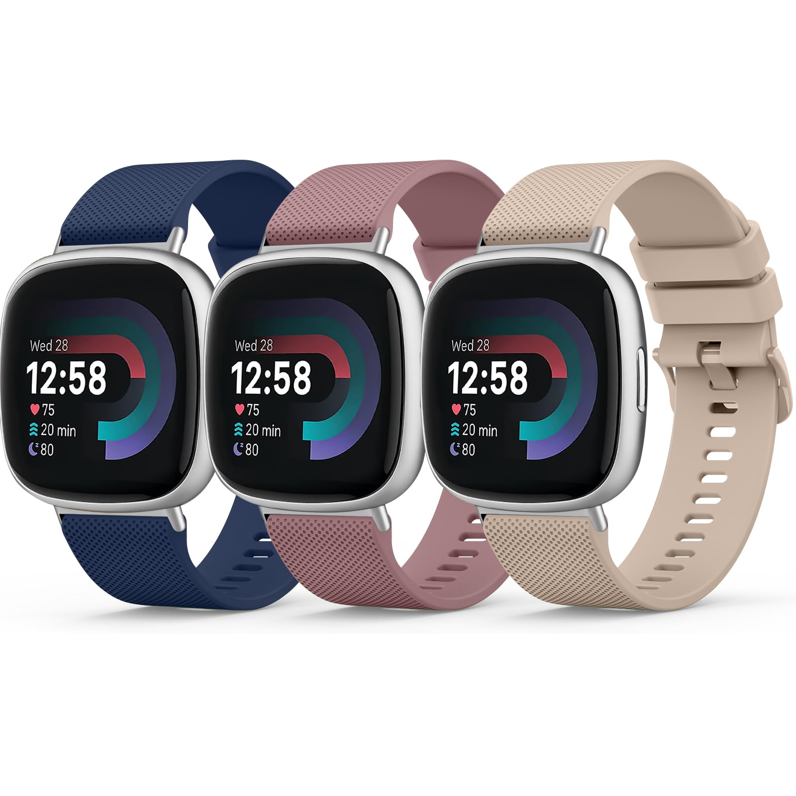 Tobfit [3 PACK] Straps for Fitbit Versa 3 / Versa 4 Straps/Fitbit Sense/Sense 2 Strap for Women Men, Soft Silicone Replacement Straps Wristband Watchband 3-PACK 04