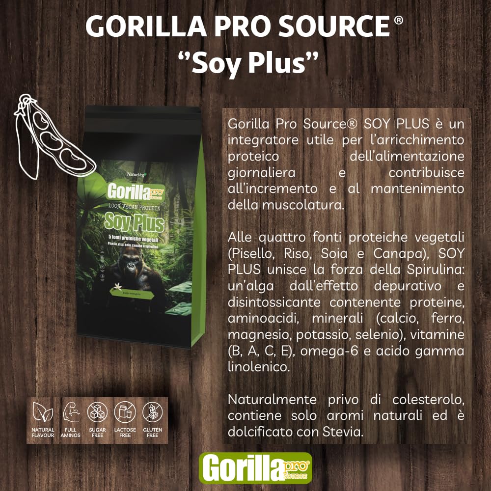 Naturveg® GORILLA PRO Soy Plus – Proteine in polvere Vegane Senza Glutine, da 1kg, proteine vegetali di riso canapa soia pisello, vitamine e Sali minerali (1Kg, Cioccolato)