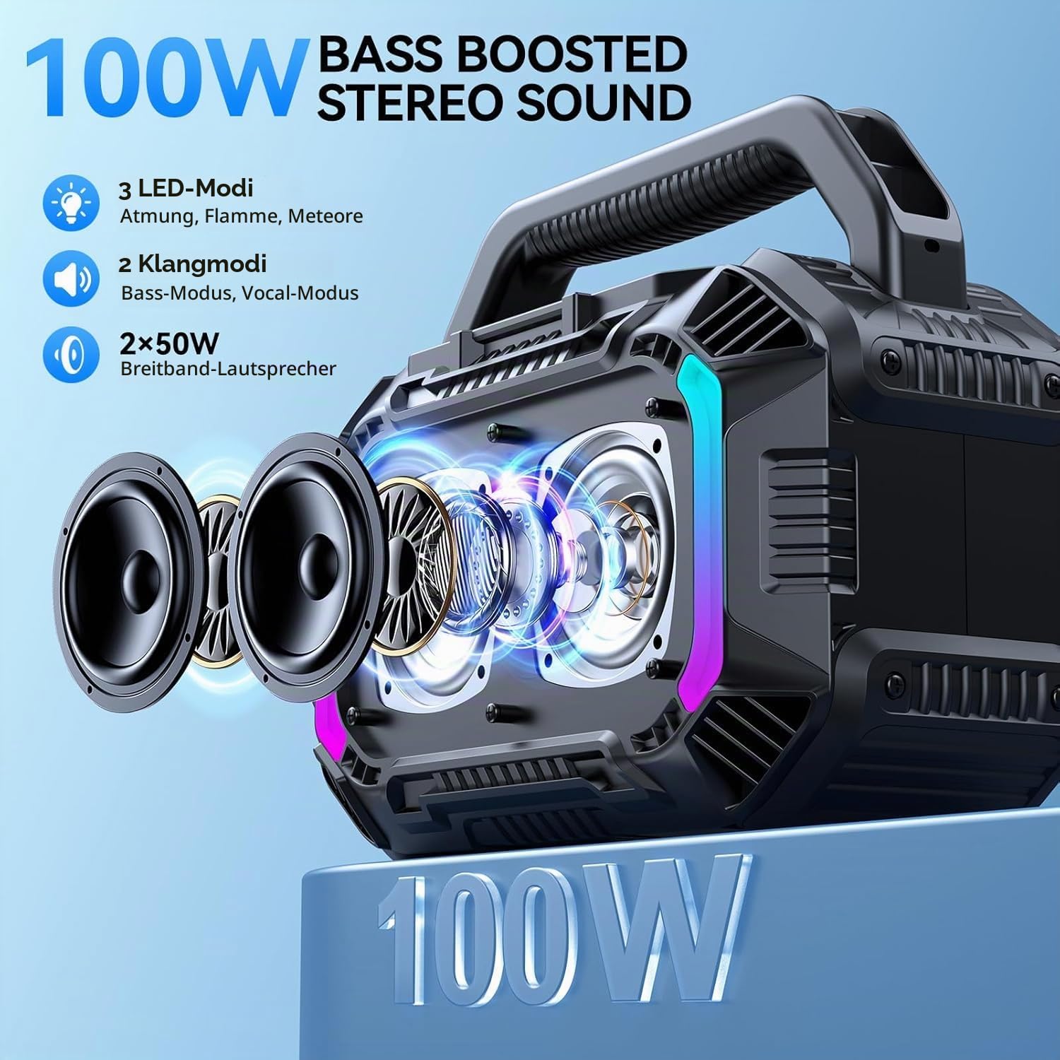 Wilody 100W Tragbare Bluetooth-Lautsprecher-Box,Bluetooth Lautsprecher mit Licht,Musikbox Bluetooth's Groß,Soundbox mit IPX7 Wasserdicht,EQ,RGB,USB,20h Akku,TWS,BT5.3,für Party,Backyard（L-Schwarz）