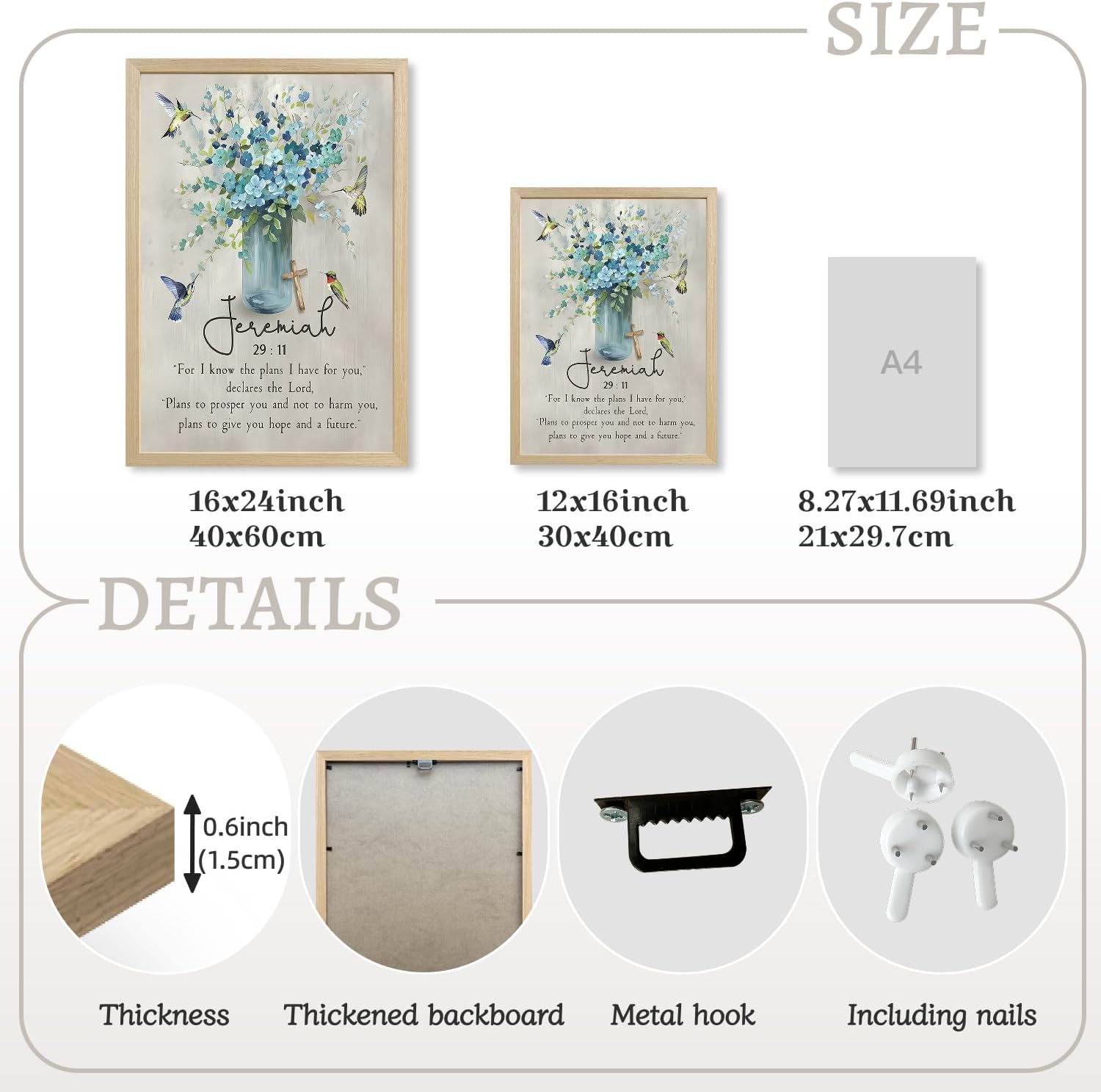 LLEEMPI Framed Christian Scripture Wall Art, Bible Verse Wall Decor, Watercolor Flower Canvas Painting, Blue Floral Hummingbird Poster Print for Living Room Dining Room Hallway 16x24 Inch