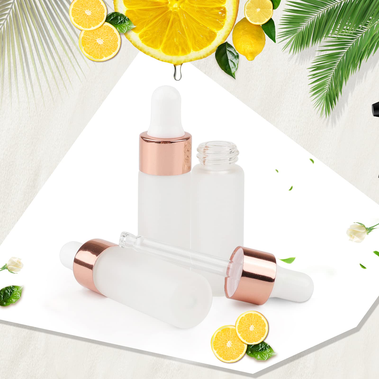 Kesell Lot de 50 flacons compte-gouttes en verre dépoli rechargeables de 5 ml pour huiles essentielles, parfum, essence, lotion, soins de la peau avec 3 entonnoirs, bouchon or rose
