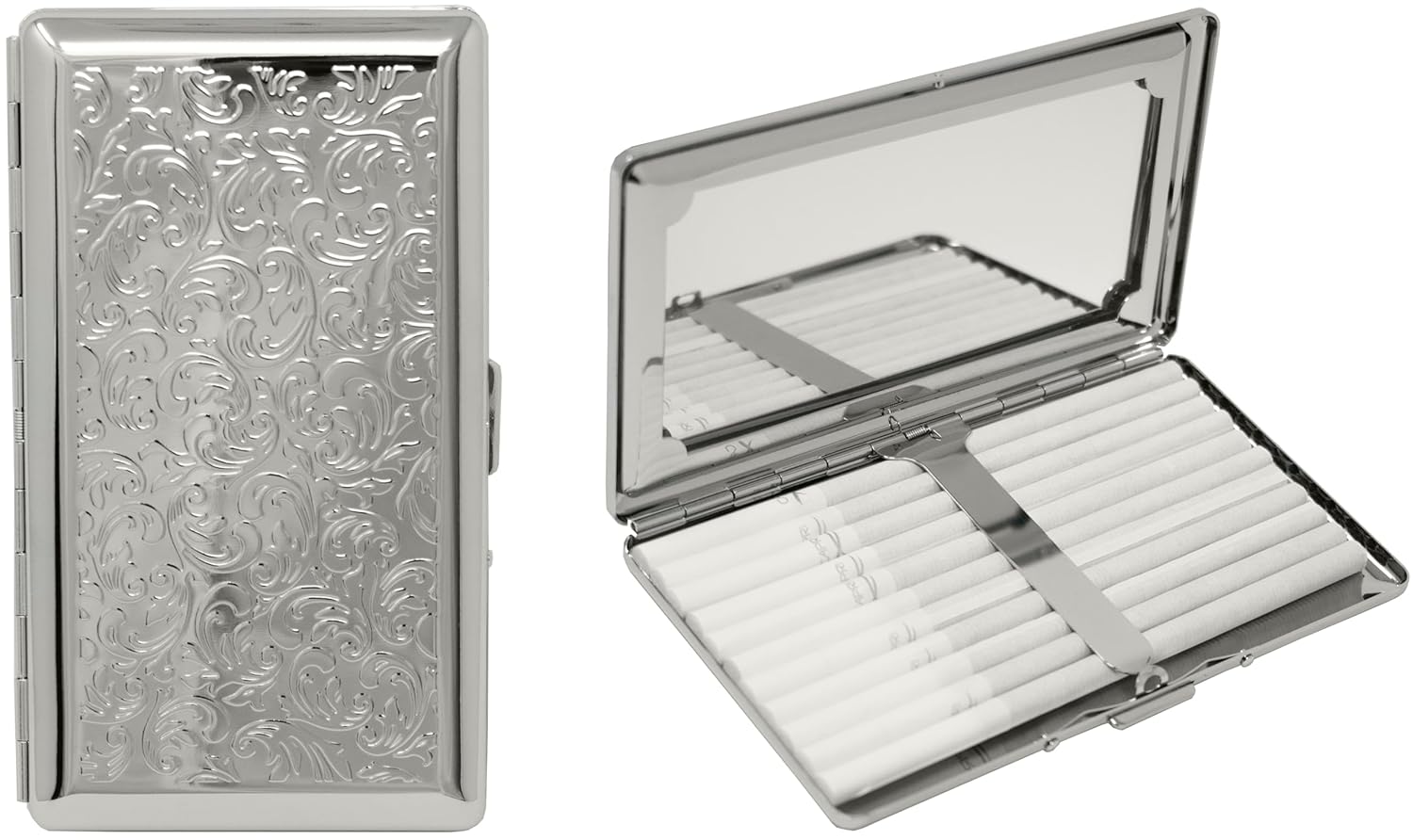 Set of 2 Metal-Plated 120s Compact Cigarette Case & Personal Mirror (Silver Victorian Print)