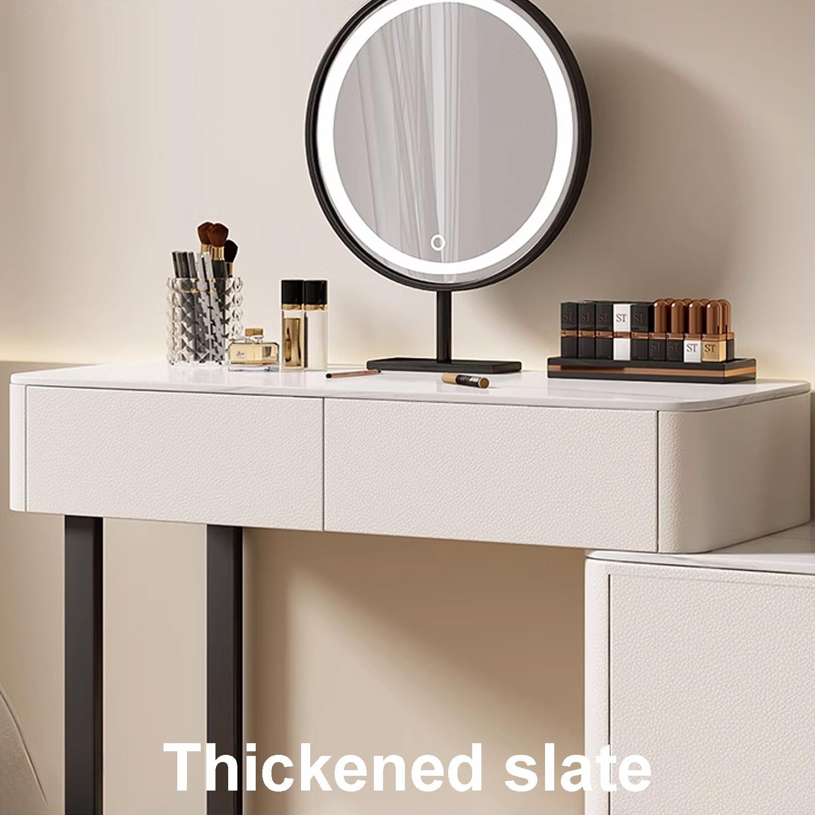 Tavolo da Trucco Illuminato con Specchio e Contenitore, Design in Ardesia Bianca e Legno massello, 80 x 40 x 76 cm (Sedia Non Inclusa) - Perfetto per Gli Amanti della Bel