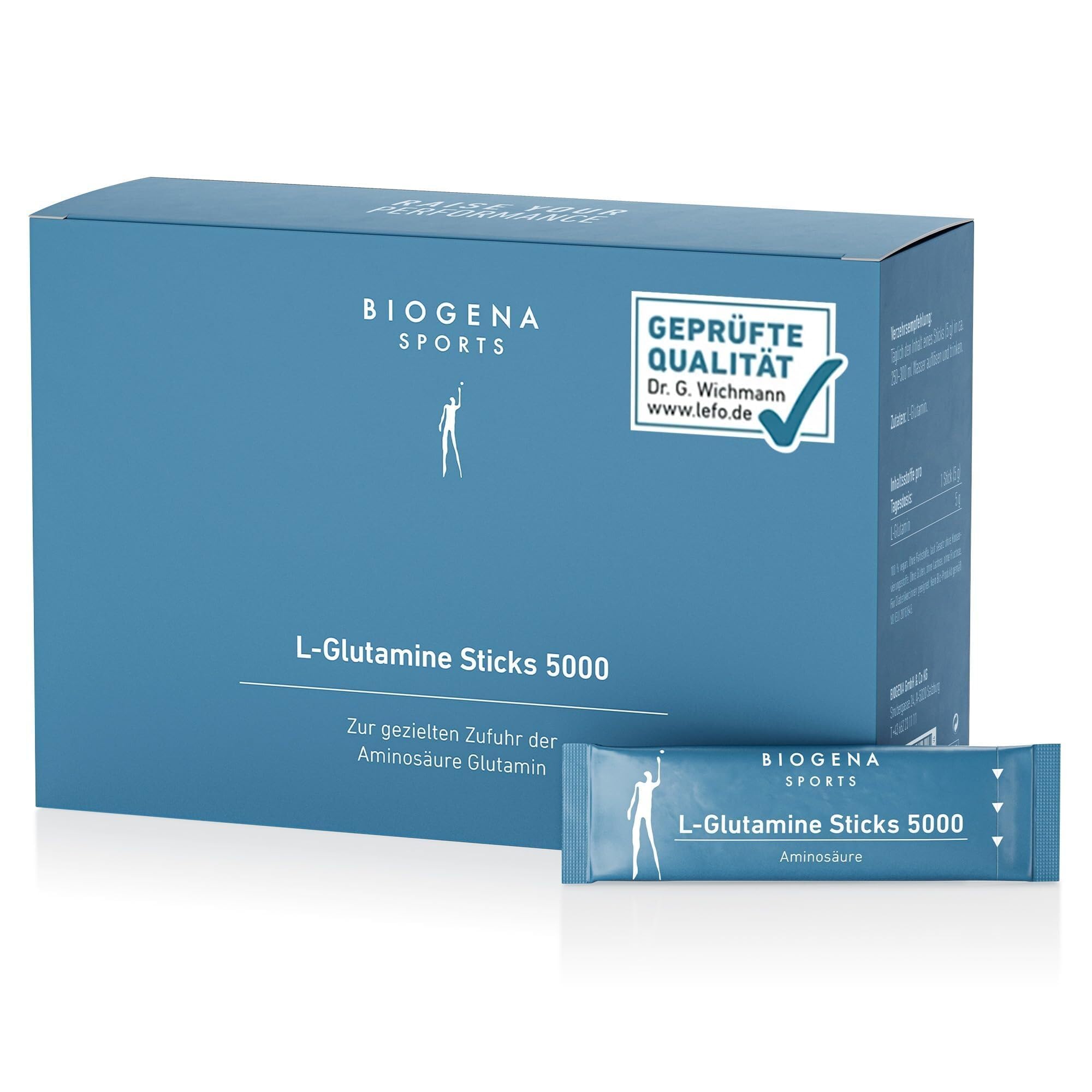 BIOGENA SPORTS L-Glutamin Pulver Sticks 5000 - hochdosiertes Pulver - geschmacksneutral, vegan & ohne Zusatzstoffe - 100 % Reinsubstanz & laborgeprüft - Made in Austria - 60 Sticks