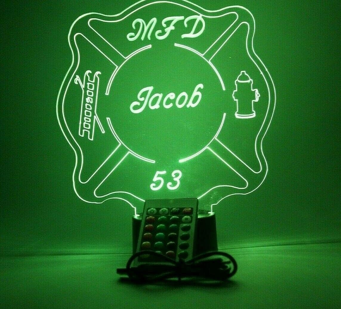 MIRROR MANIA Fire Badge Light Up Lamp Light Lamp LED, Personalized Name Firefighter Engraved Table Lamp - It's Wow, Comes with Remote, 16 Color Options, Dimmer, Free Engraving, Great Gift