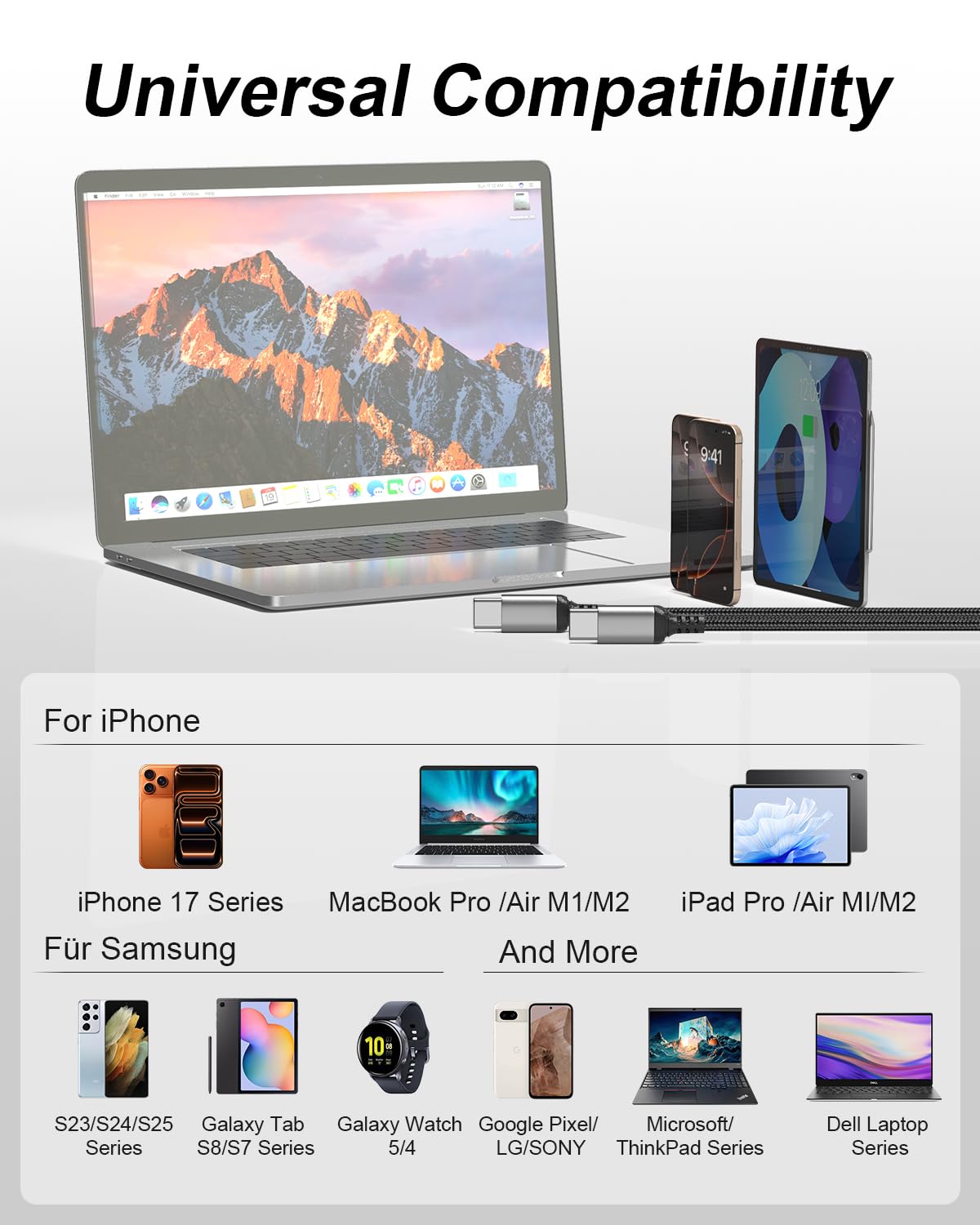 Kurzes USB-C-auf-USB-C-Kabel, 4,8 m, 2 Stück, Typ-C-Ladekabel, schnelles Aufladen, geflochtenes USB-C-auf-C-Kabel, kompatibel mit iPhone 16/15 Pro Max, Samsung Galaxy S24, S23, MacBook Pro