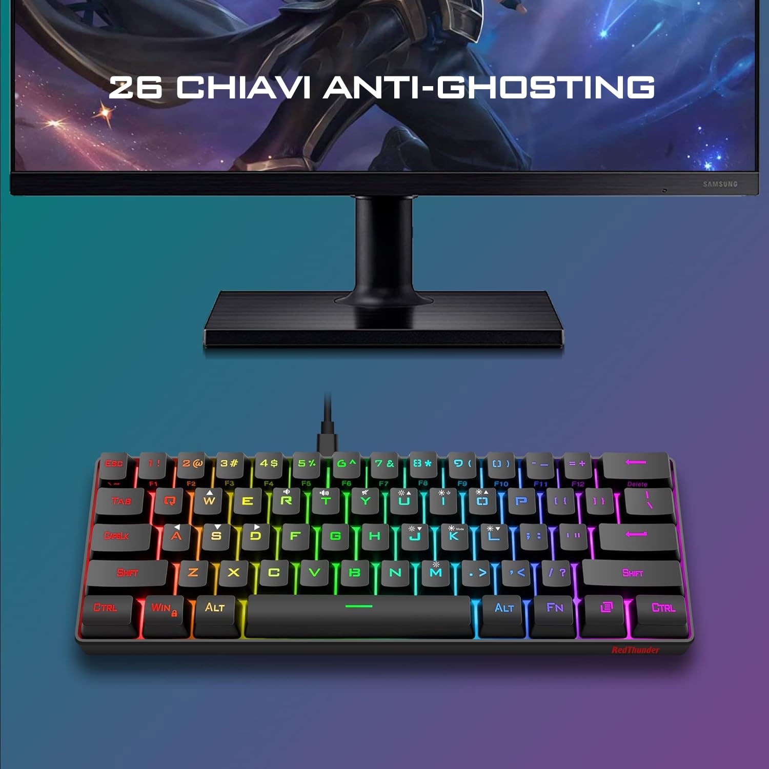 RedThunder 60% Tastiera da Gioco Meccanica Cablata, Retroilluminazione Dinamica RGB, Mouse a Nido D'ape Leggero da 7200 DPI, Tastiera Ultracompatta, 62 Tasti Anti Ghosting, Layout IT per PC/PS5-Nero