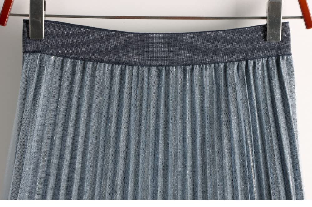Faldas De Invierno para Mujer, Faldas Plisadas De Malla Degradada Azul Elegante para Mujer Cintura Elástica Falda Midi De Talle Alto De Una Línea Falda Fruncida
